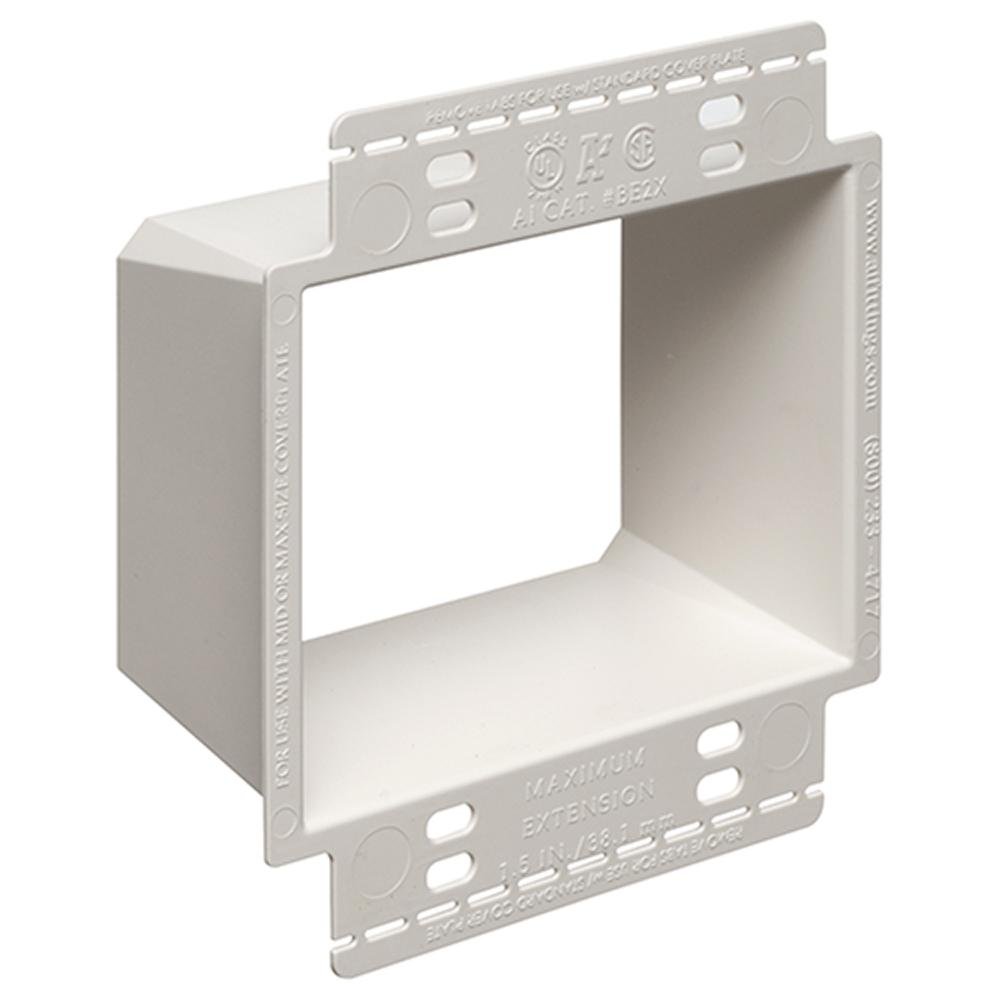 BE2X - 2 Gang non metallic box extender with larger perforated flanges. Larger flange gives better support for device. Extends boxes up to an 1-1/2".