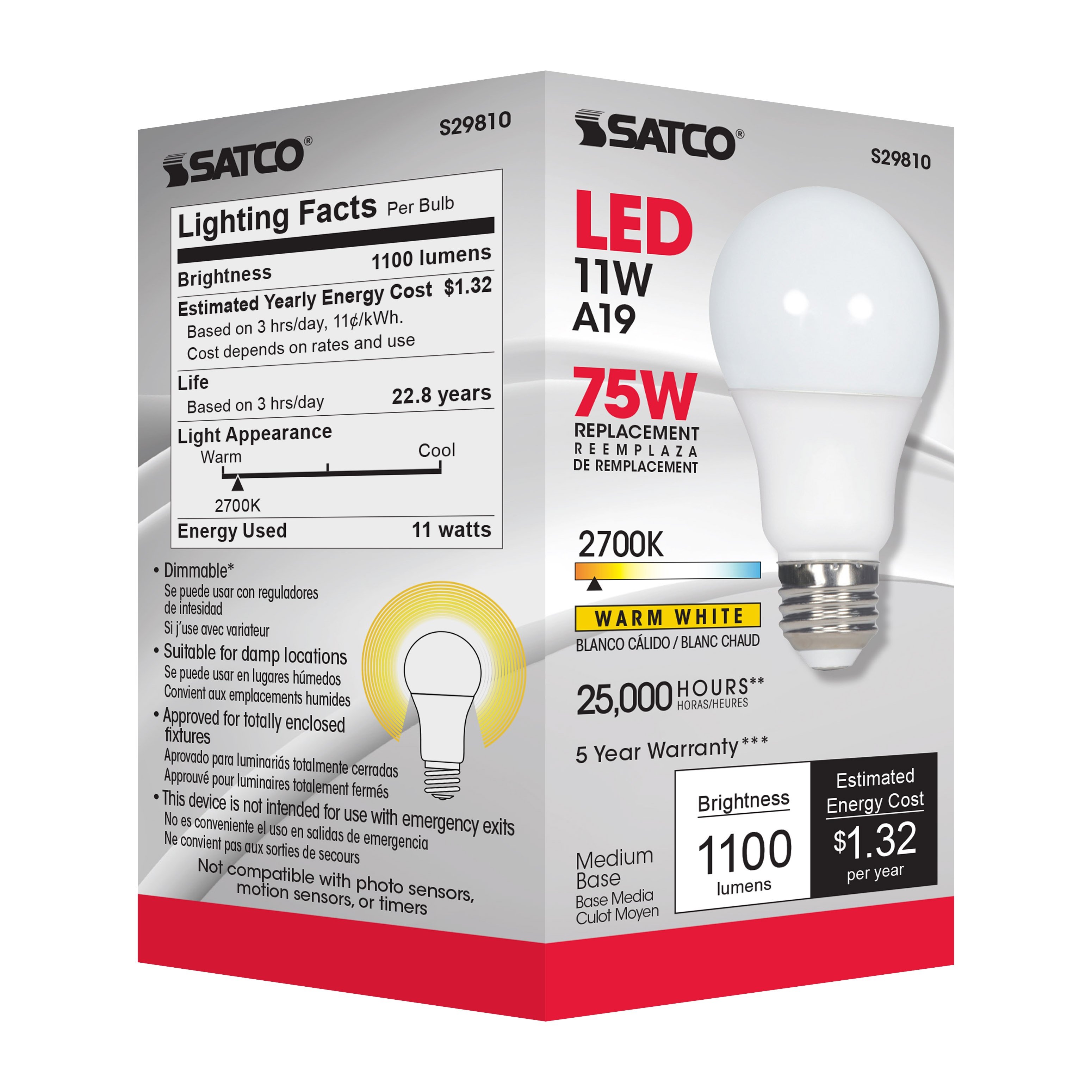 Picture of S29810 - 11 Watt - A19 LED - 2700K - Medium base - 220 deg. Beam Angle - 120 Volt