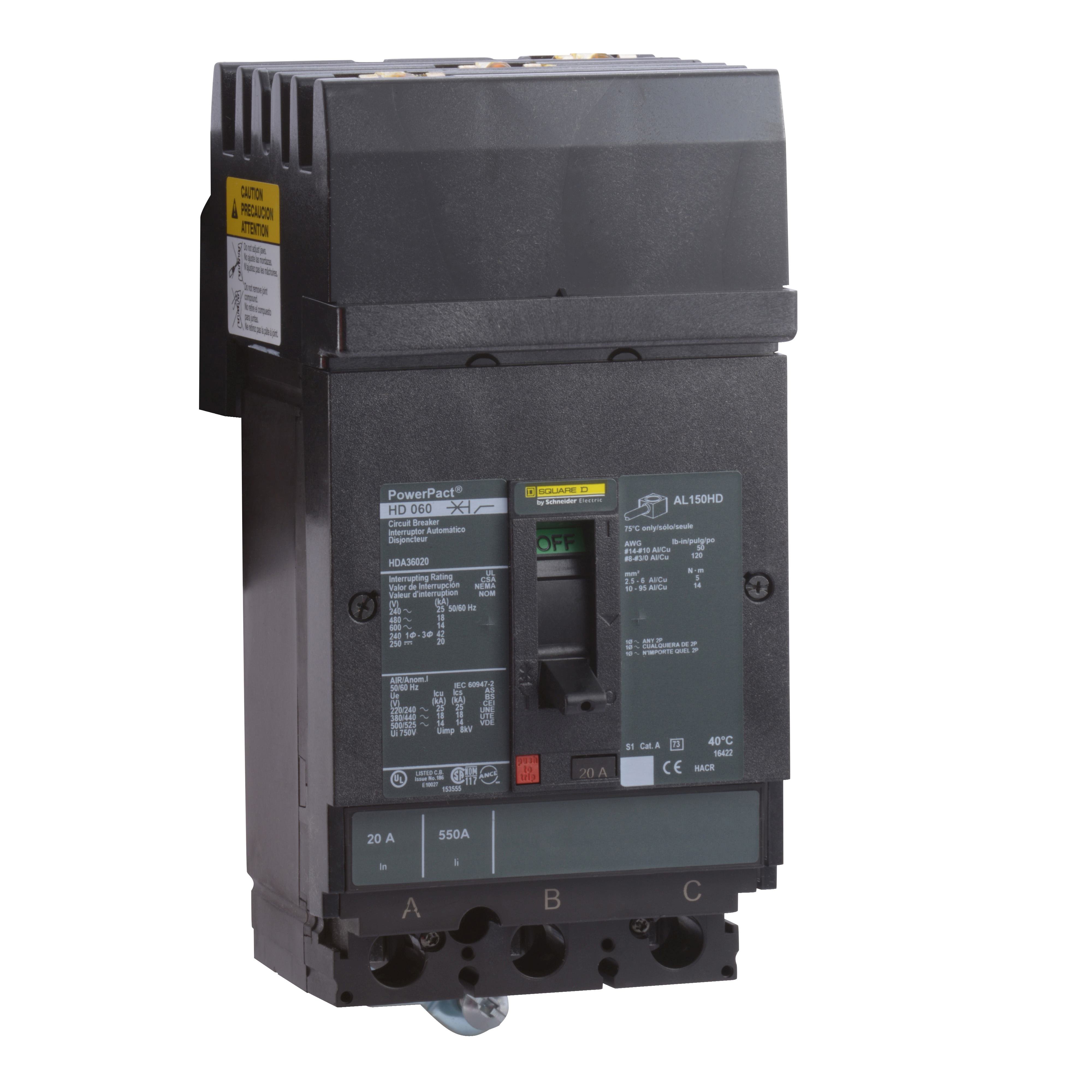 HDA36020 - Circuit breaker, PowerPacT H, 20A, 3 pole, 600VAC, 14kA, I-Line, thermal magnetic, 80%, ABC