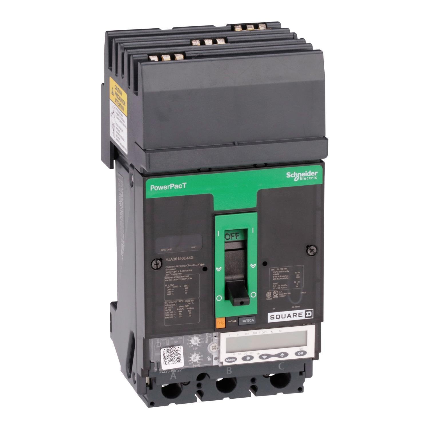 Picture of HJA36150U44X - Circuit breaker, PowerPacT H, 150A, 3 pole, 600VAC, 25kA, I-Line, Micrologic 6.2A, 80%, ABC