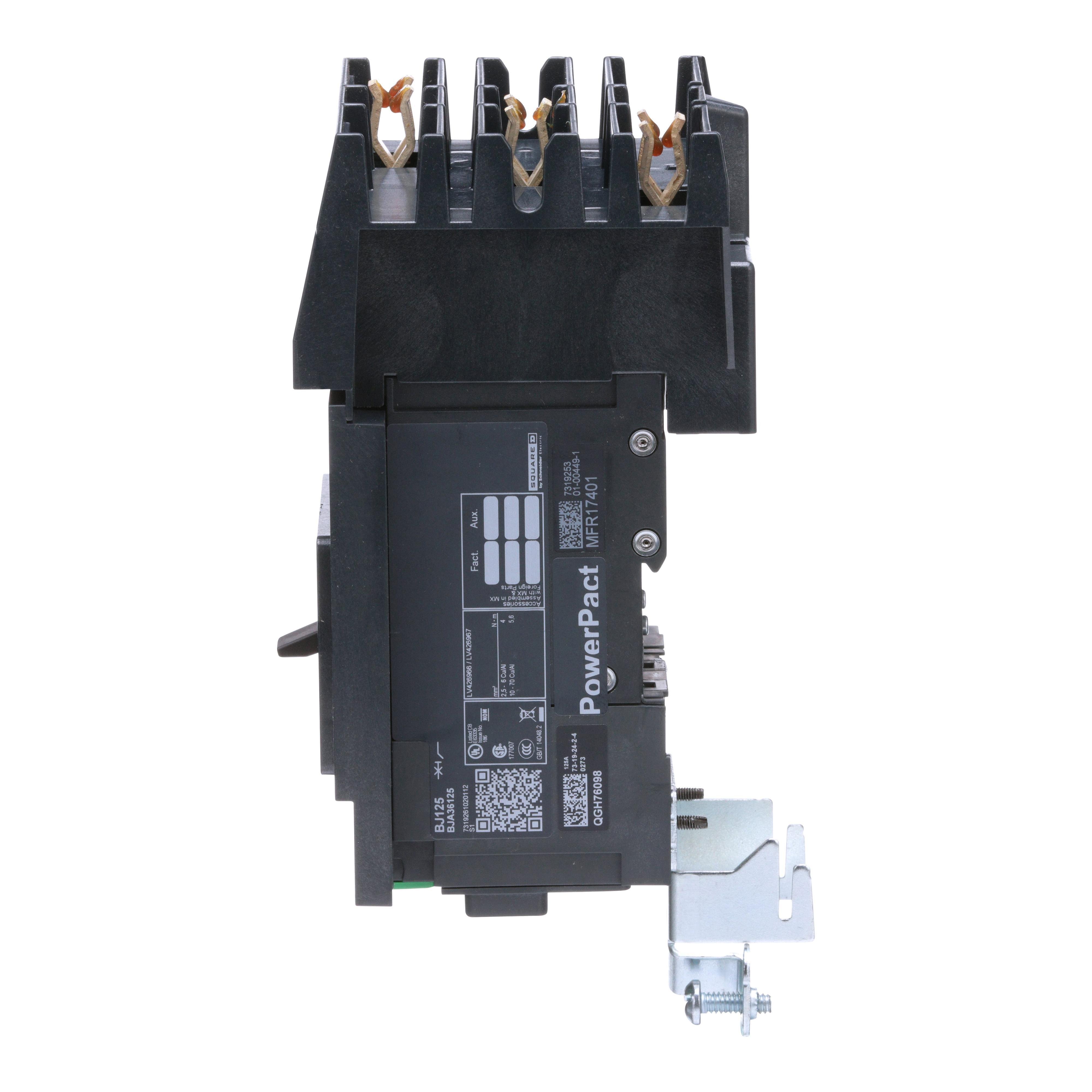 Picture of BJA36125 - Circuit breaker, PowerPacT B, 125A, 3 pole, 600Y/347VAC, 25kA, I-Line, thermal magnetic, 80%, ABC