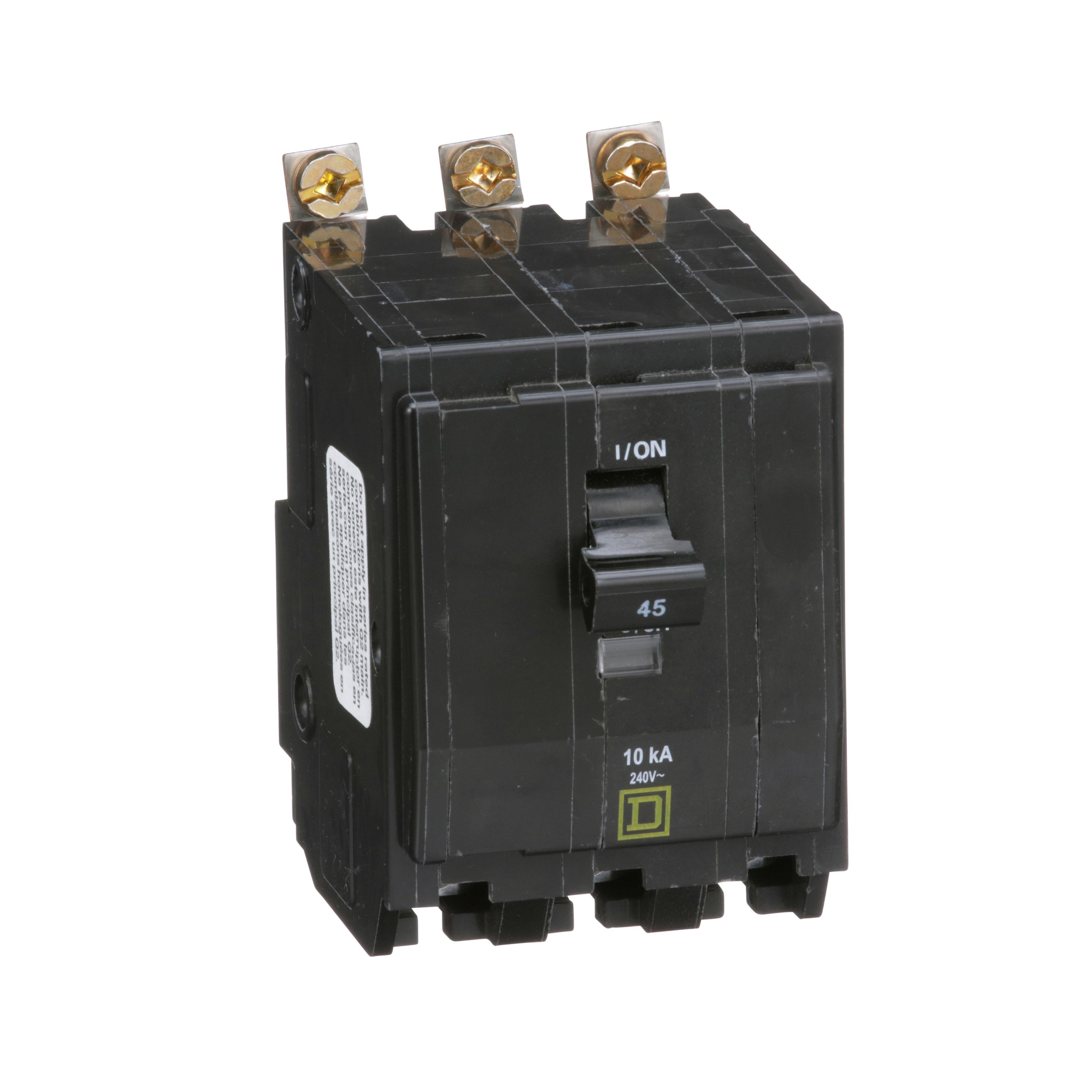 Picture of QOB345 - Mini circuit breaker, QO, 45A, 3 pole, 120/240VAC, 10kA, bolt on