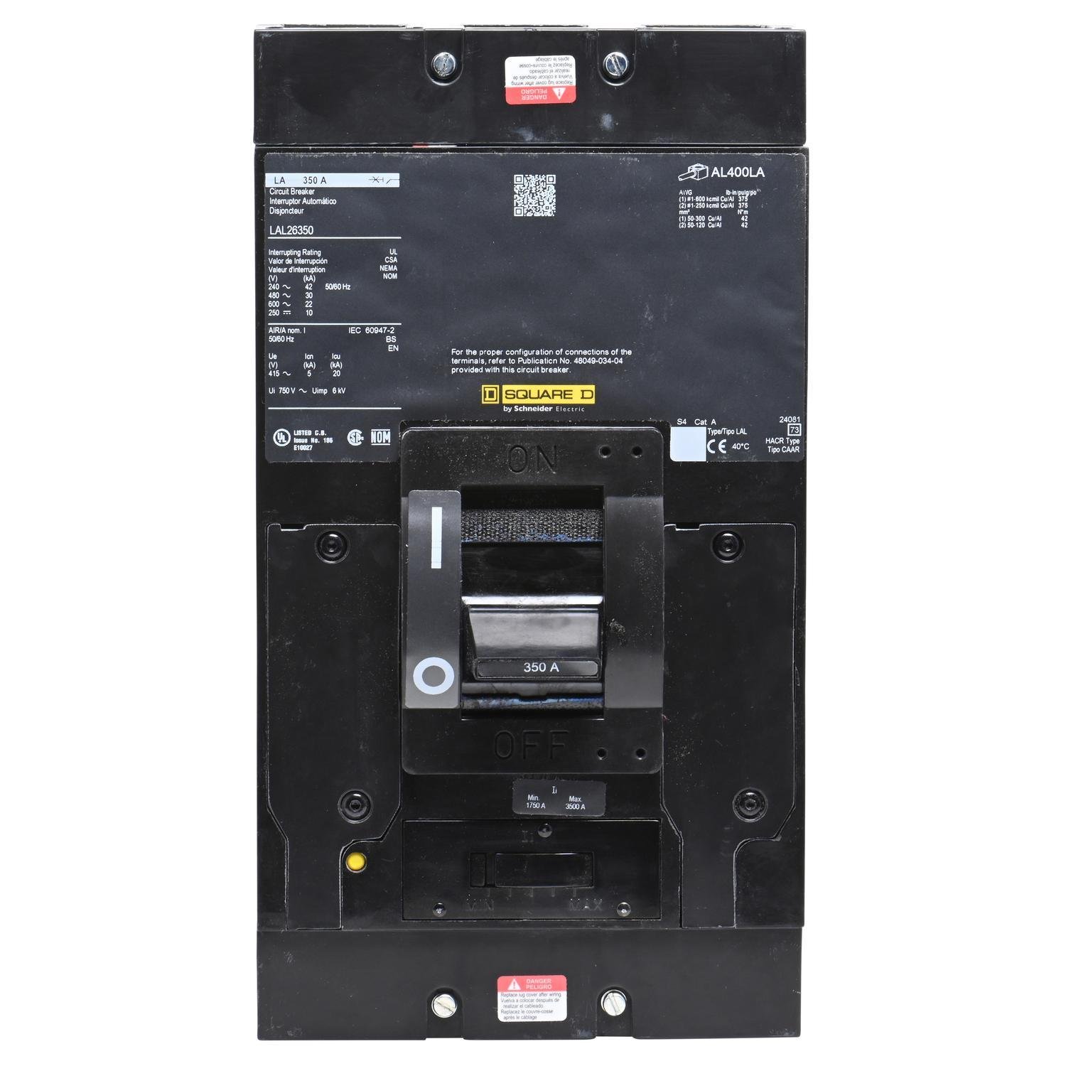 LAL26350 - Circuit breaker, LA, 350A, 2 pole, 600VAC, 22kA, 250VDC, 10kA, lugs, thermal magnetic