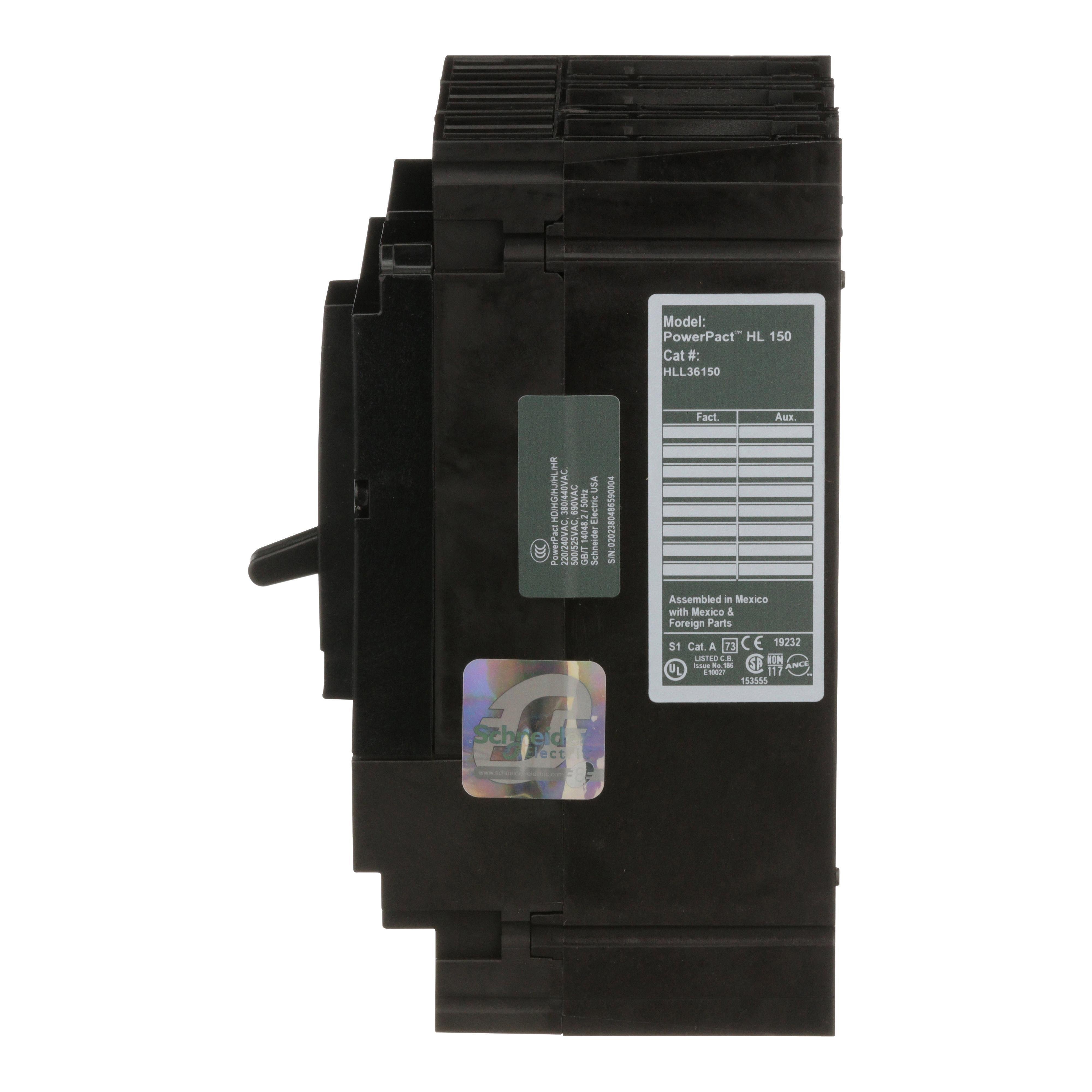 Picture of HLL36150 - Circuit breaker, PowerPacT H, 150A, 3 pole, 600VAC, 50kA, lugs, thermal magnetic, 80%