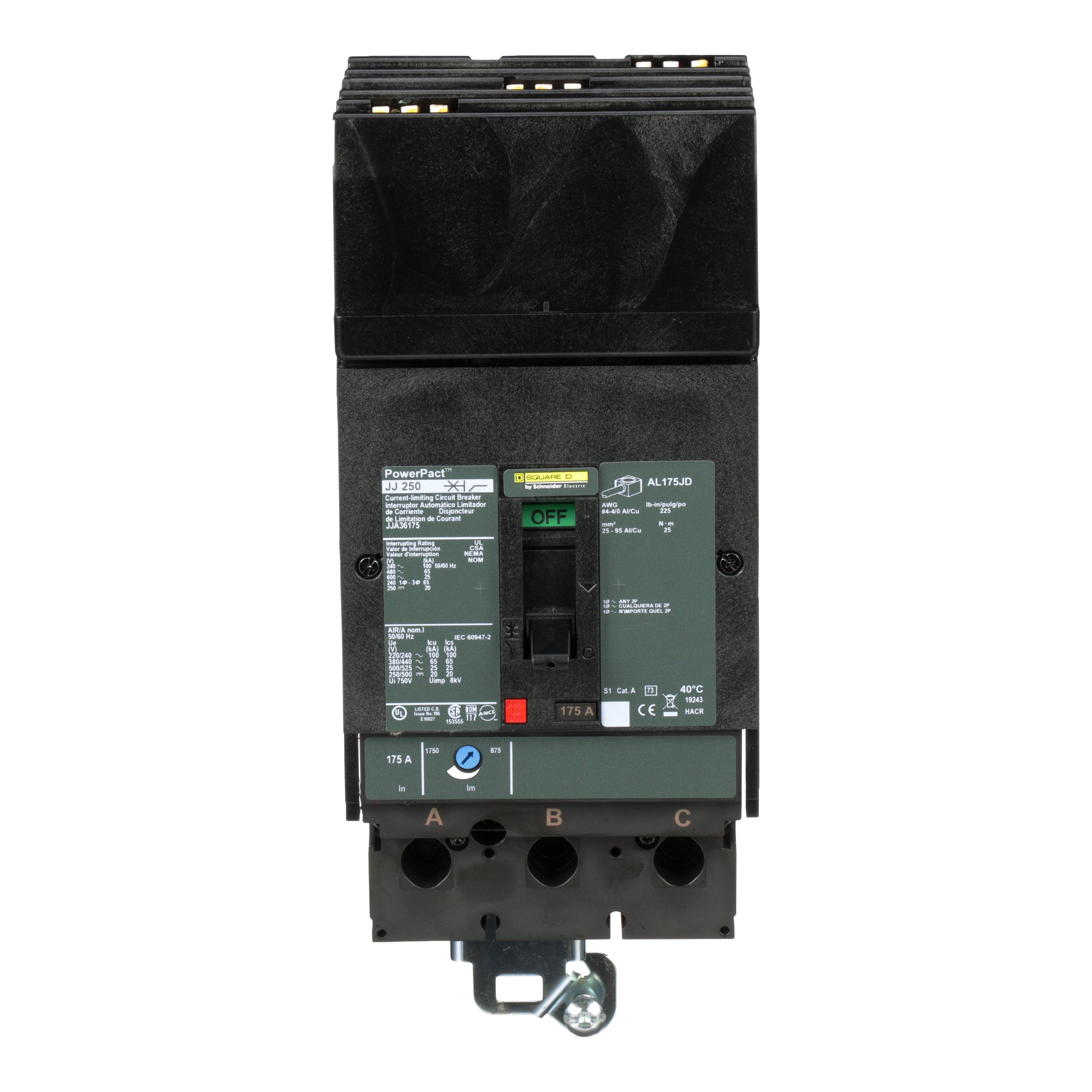 Picture of JJA36175 - Circuit breaker, PowerPacT J, 175A, 3 pole, 600VAC, 25kA, I-Line, thermal magnetic, 80%, ABC