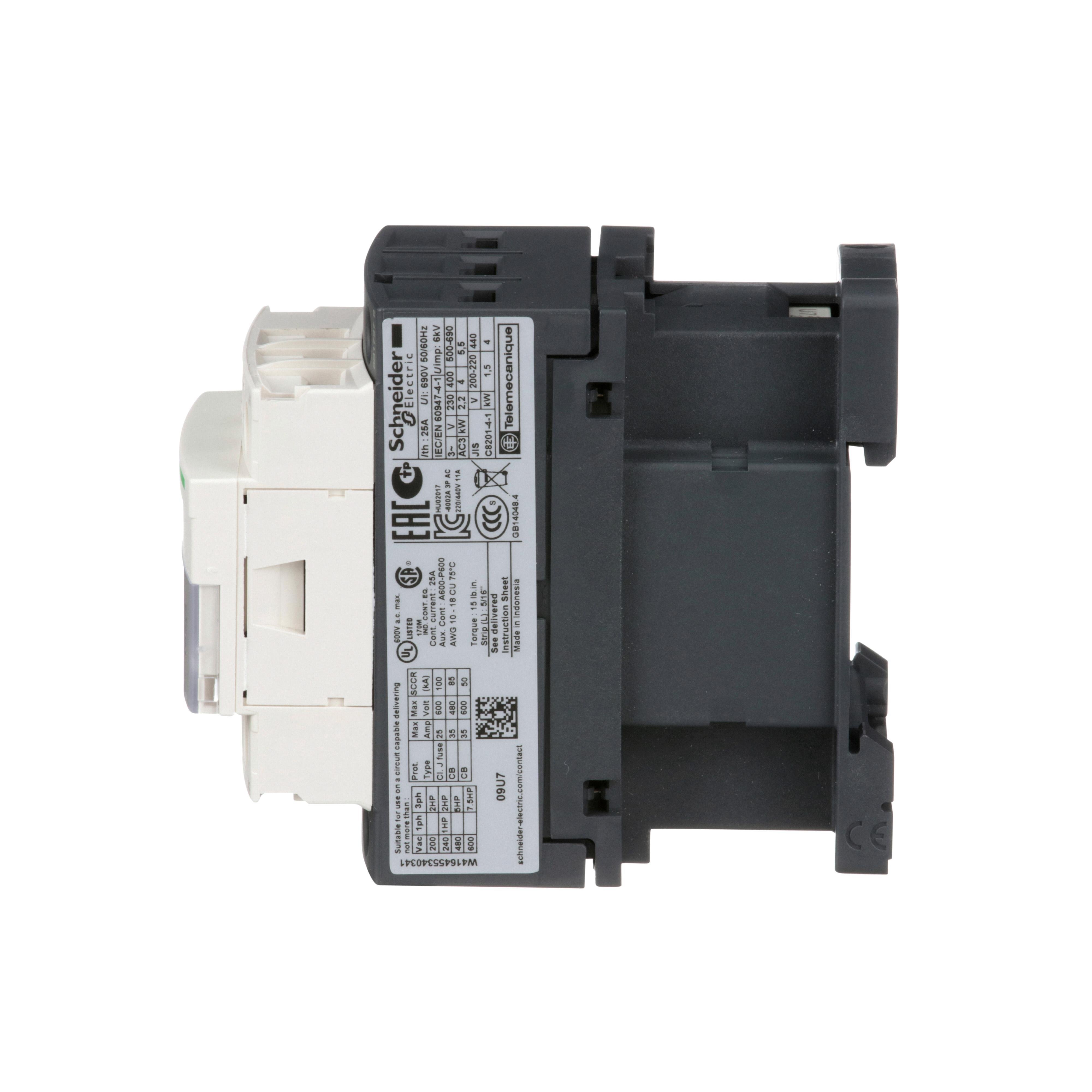 Picture of LC1D09U7 - IEC contactor, TeSys Deca, nonreversing, 9A, 5HP at 480VAC, up to 100kA SCCR, 3 phase, 3 NO, 240VAC 50/60Hz coil, open style