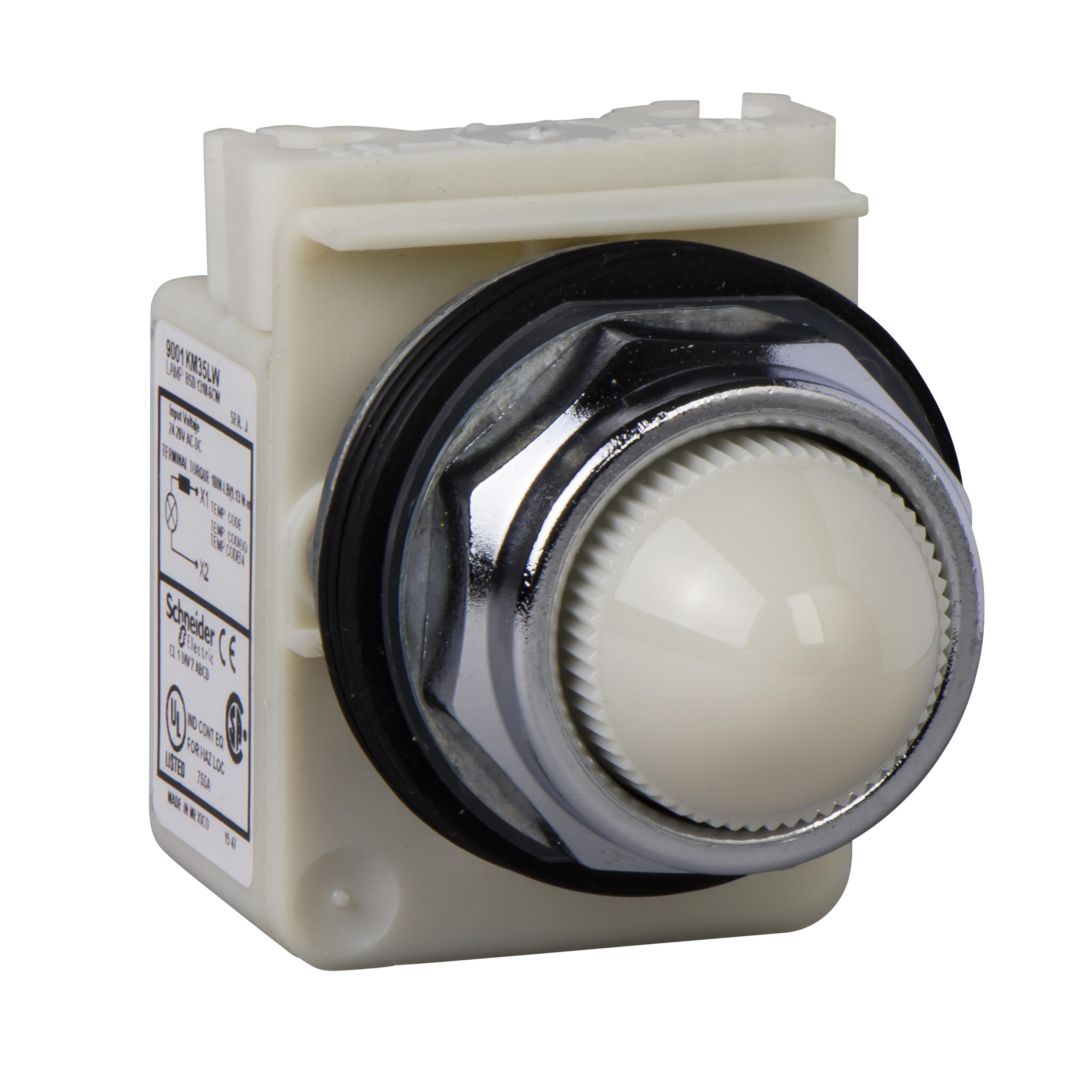 9001KP38LWW9 - Pilot light, Harmony 9001K, metal, polycarbonate, domed, white, 30mm, LED white, 120V