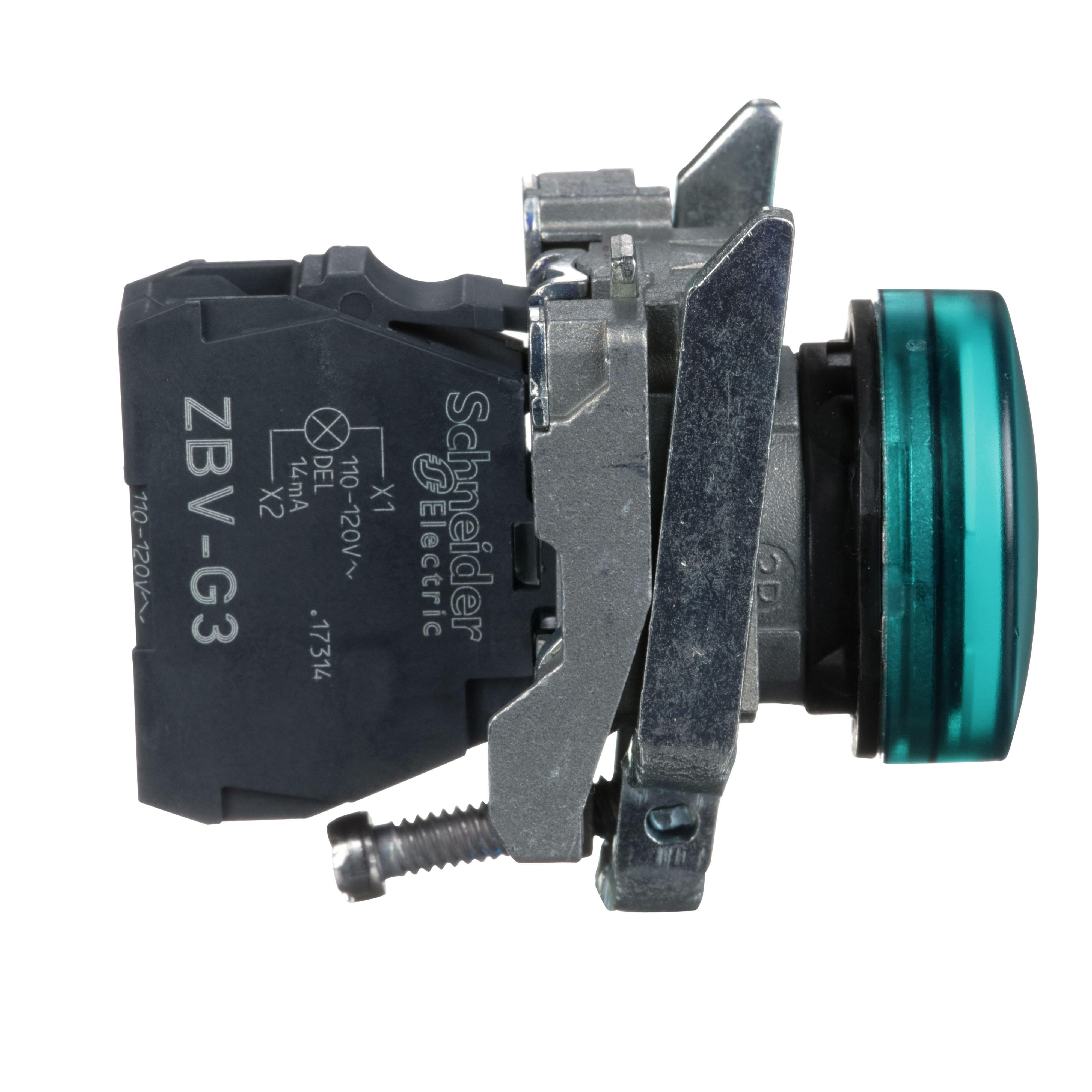 Picture of XB4BVG3 - Pilot light, Harmony XB4,metal, green, 22mm, universal LED, plain lens, 110…120V AC