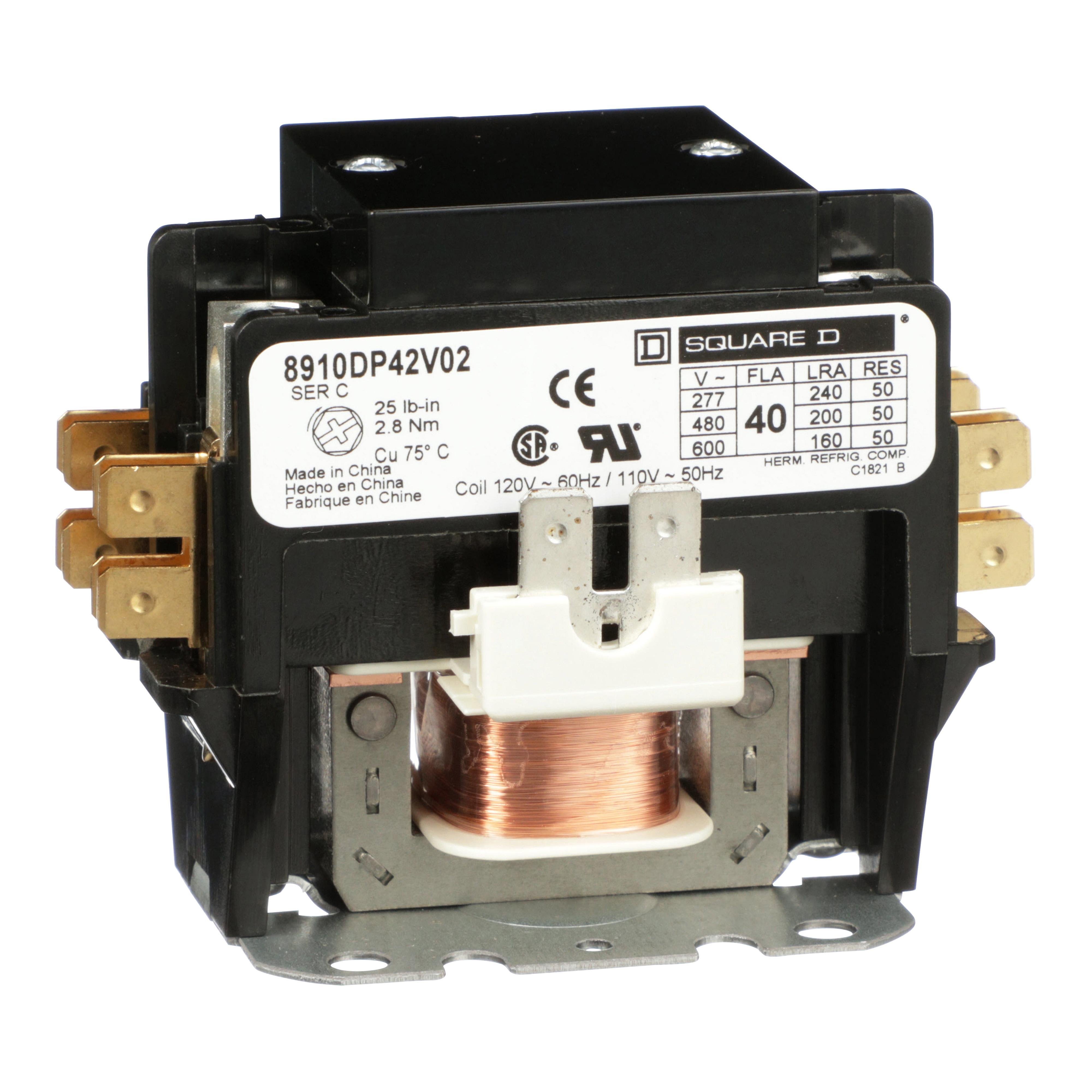 8910DP42V02 - Contactor, Definite Purpose, 40A, 2 pole, 110/120VAC 50/60Hz coil, open