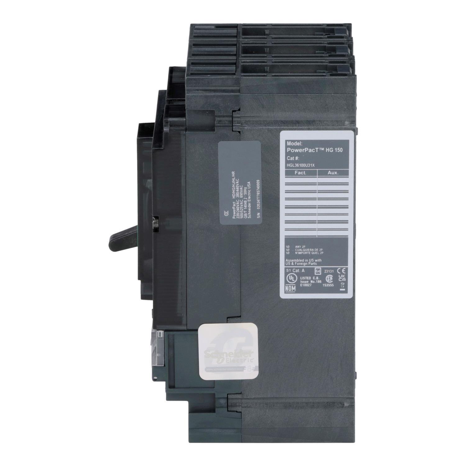 Picture of HGL36100U31X - Circuit breaker, PowerPacT H, 100A, 3 pole, 600VAC, 18kA, lugs, Micrologic 3.2, 80%