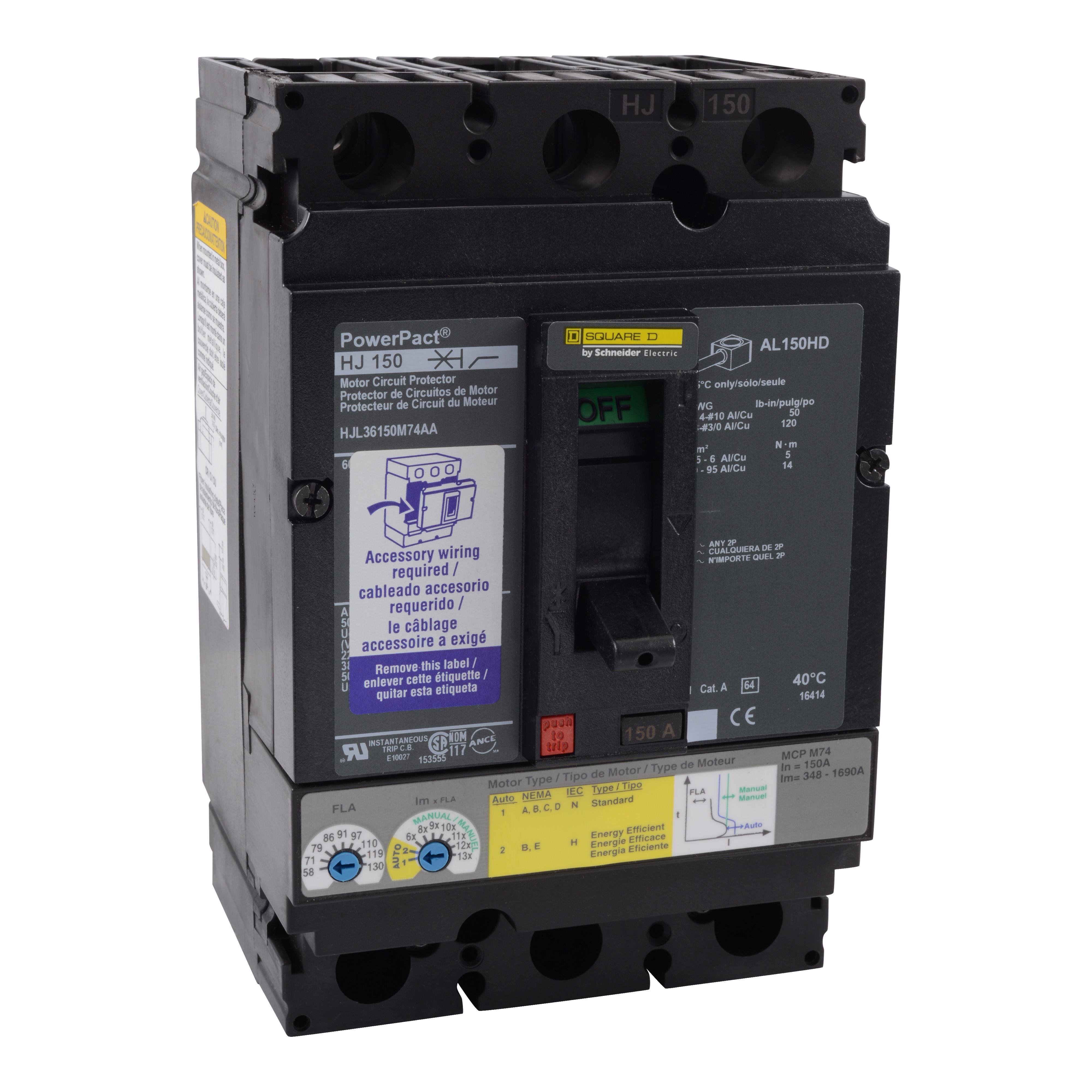 HJM36150 - Circuit breaker, PowerPacT H, 150A, 3 pole, 600VAC, 25kA, lugs, thermal magnetic, 80%