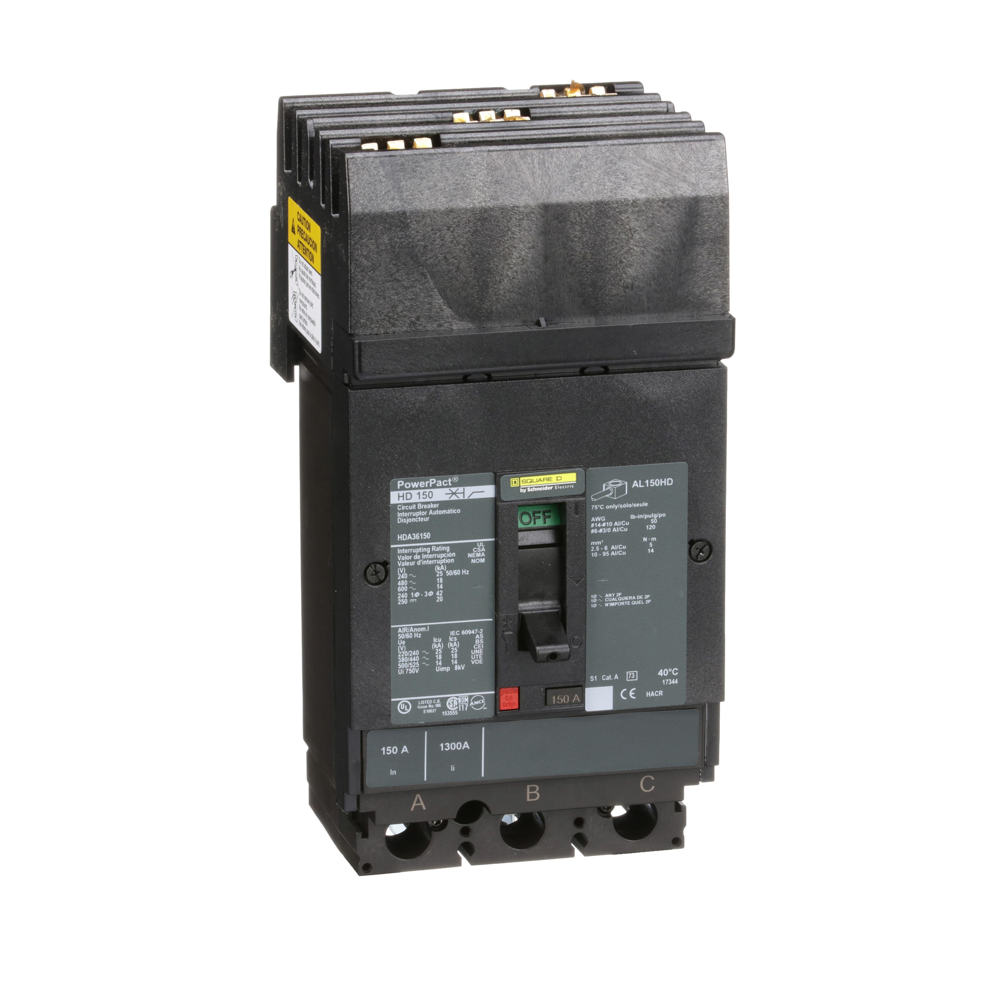 HDA36150 - Circuit breaker, PowerPacT H, 150A, 3 pole, 600VAC, 14kA, I-Line, thermal magnetic, 80%, ABC