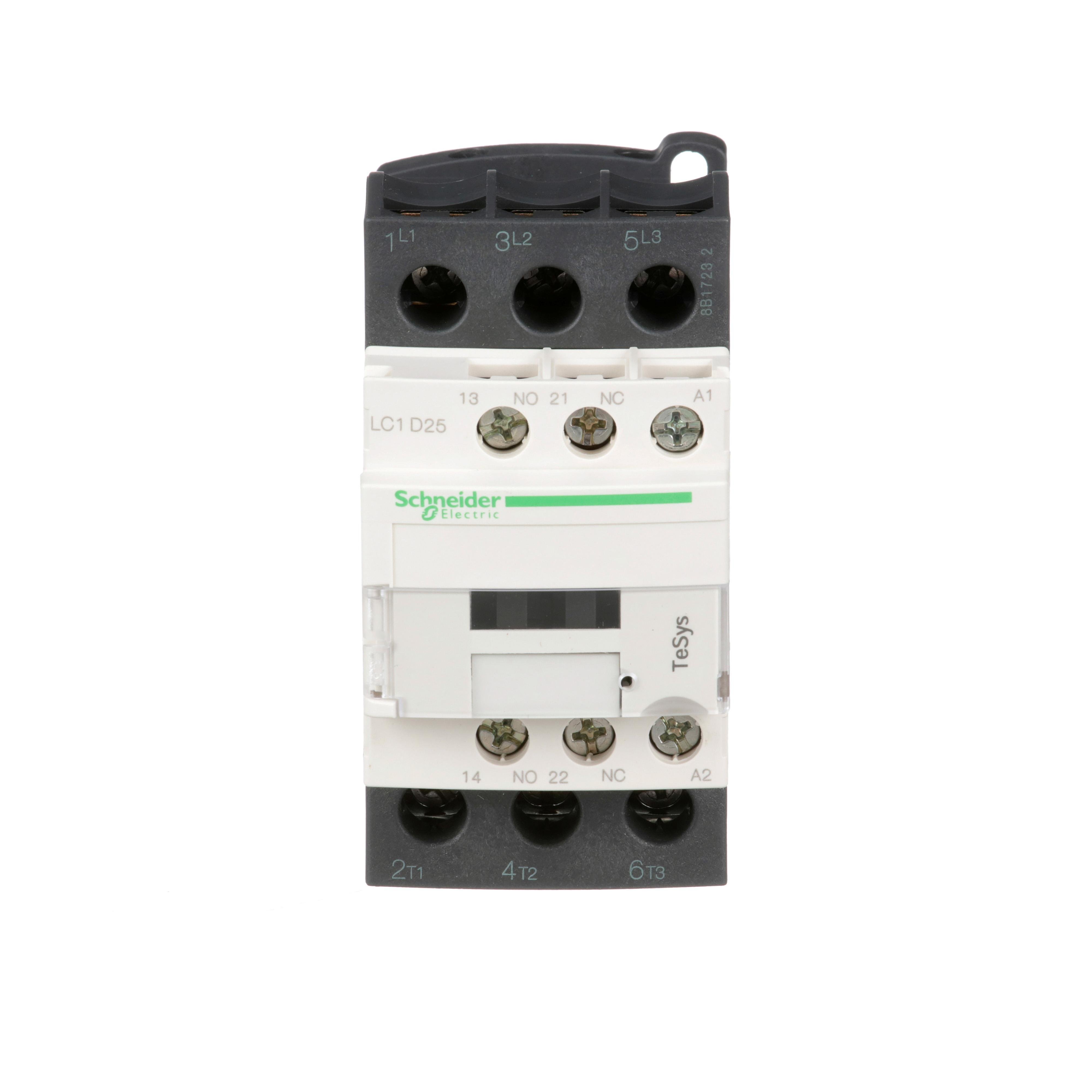 LC1D25U7 - IEC contactor, TeSys Deca, nonreversing, 25A, 15HP at 480VAC, up to 100kA SCCR, 3 phase, 3 NO, 240VAC 50/60Hz coil, open