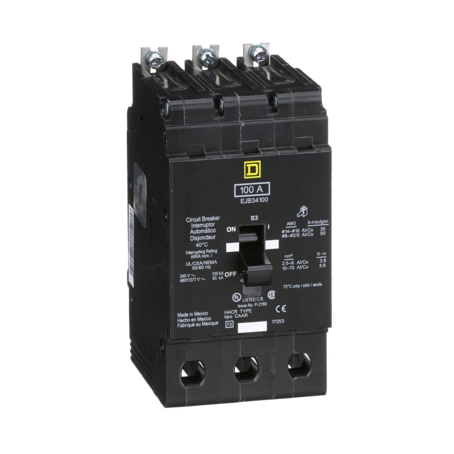 Picture of EJB34100 - Mini circuit breaker, E-Frame, 100A, 3 pole, 480Y/277VAC, 100kA max, bolt on [TAA]