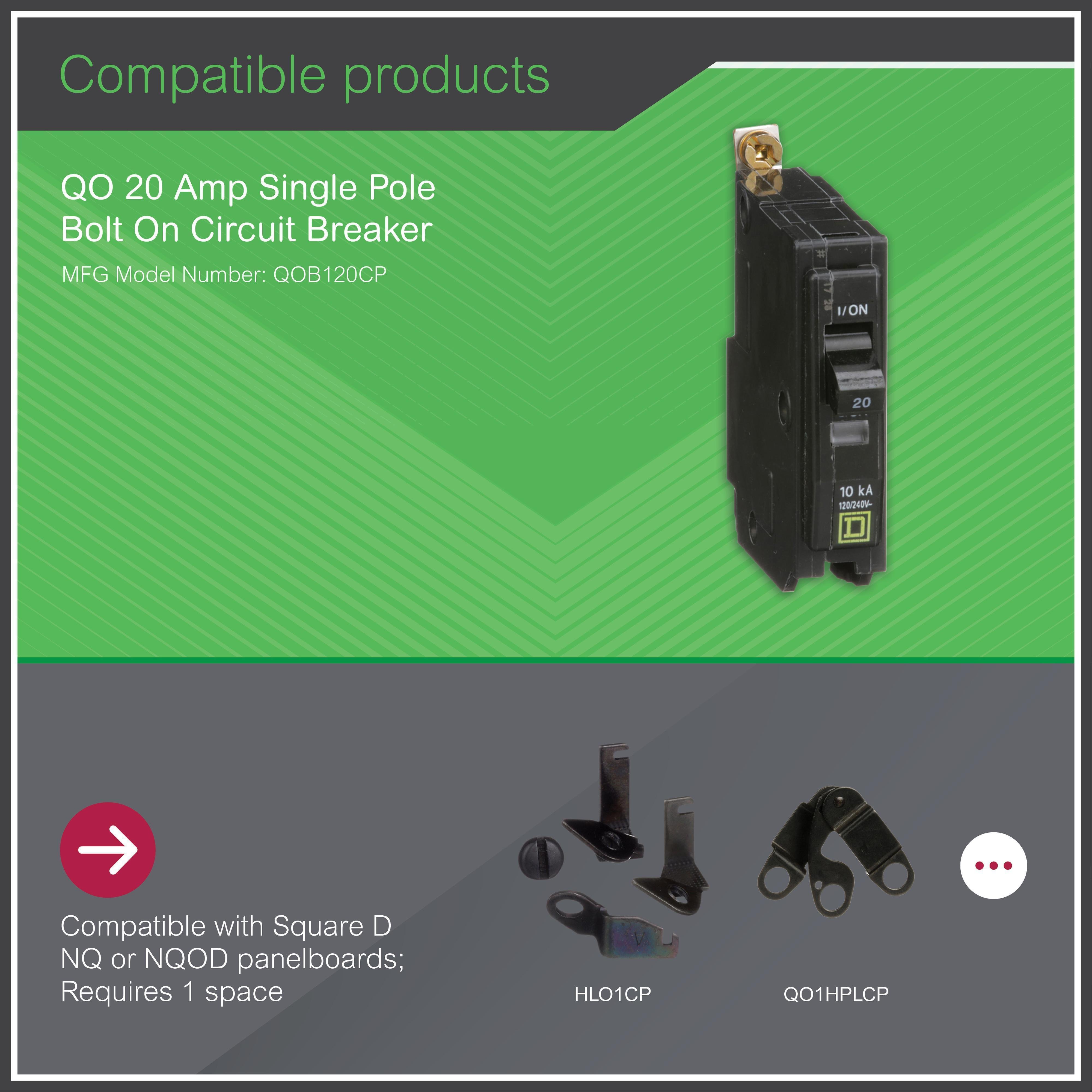 Picture of QOB120 - Mini circuit breaker, QO, 20A, 1 pole, 120/240VAC, 10kA, bolt on