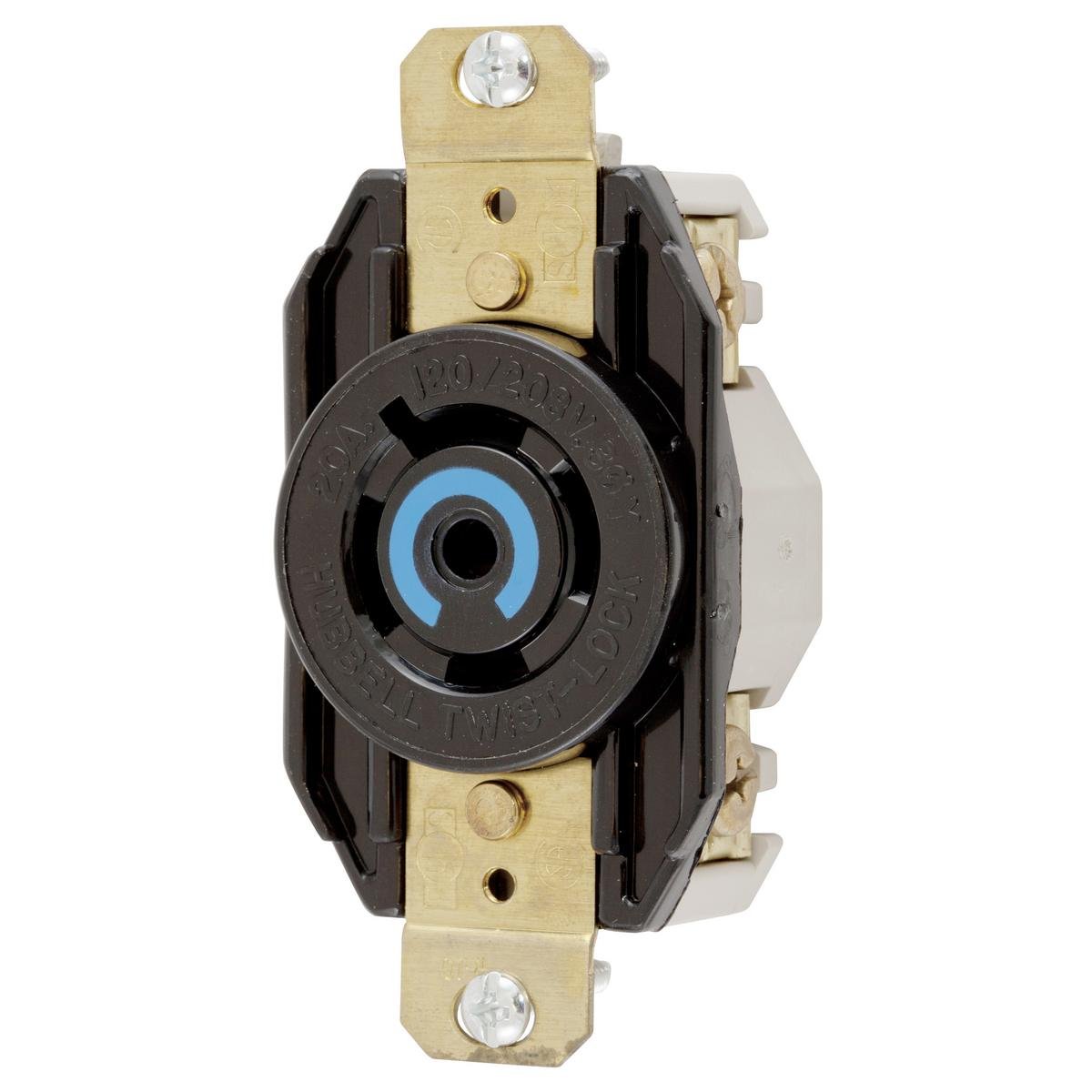 HBL2510 - Locking Devices, Twist-Lock®, Industrial, Flush Receptacle, 20A 3-Phase Wye 120/208V AC, 4-Pole 5-Wire Grounding, L21-20R, Screw Terminal, Black