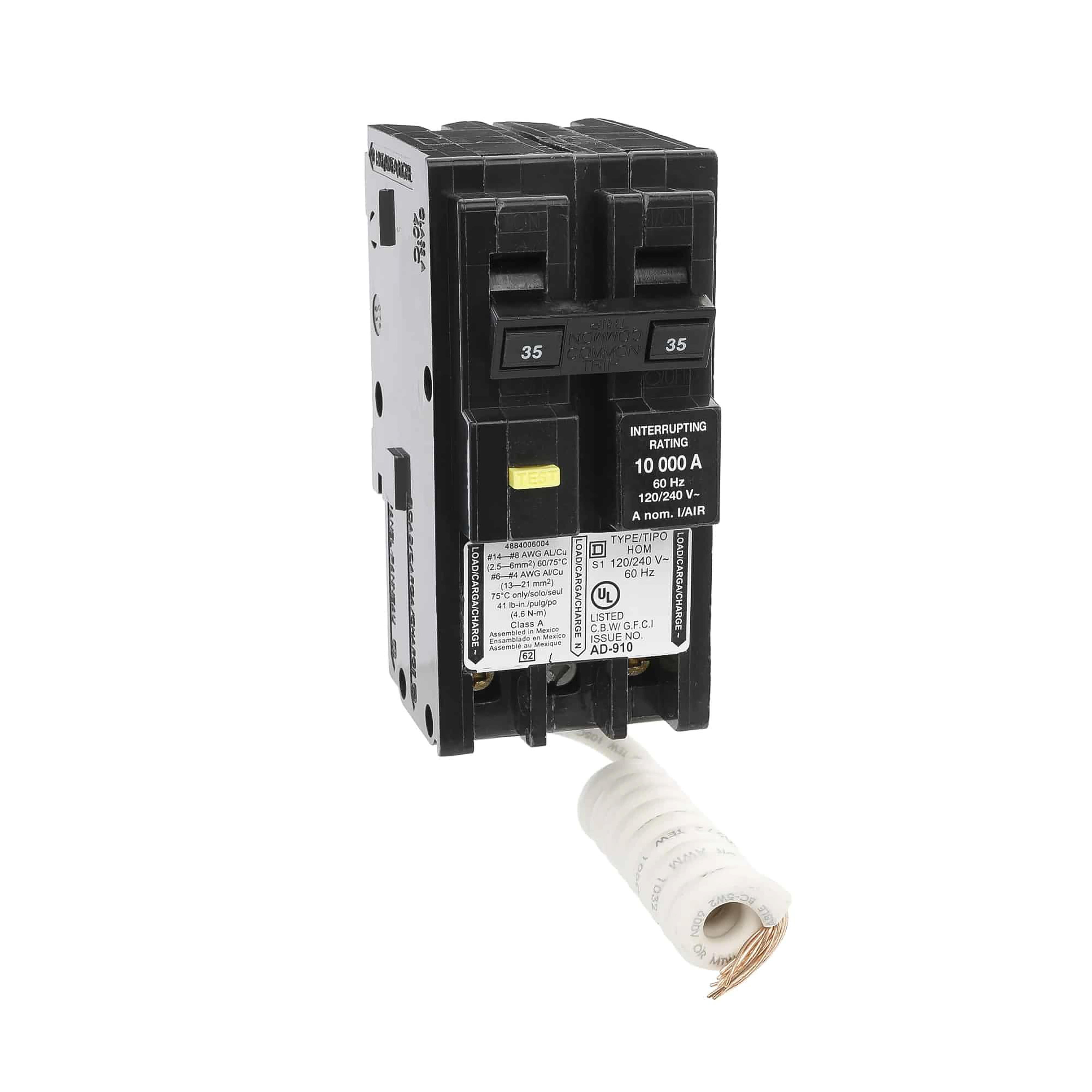 HOM235GFI - [TAA] Mini circuit breaker, Homeline, 35A, 2 pole, 120/240VAC, 10kA AIR, ground fault class A, plug in, UL