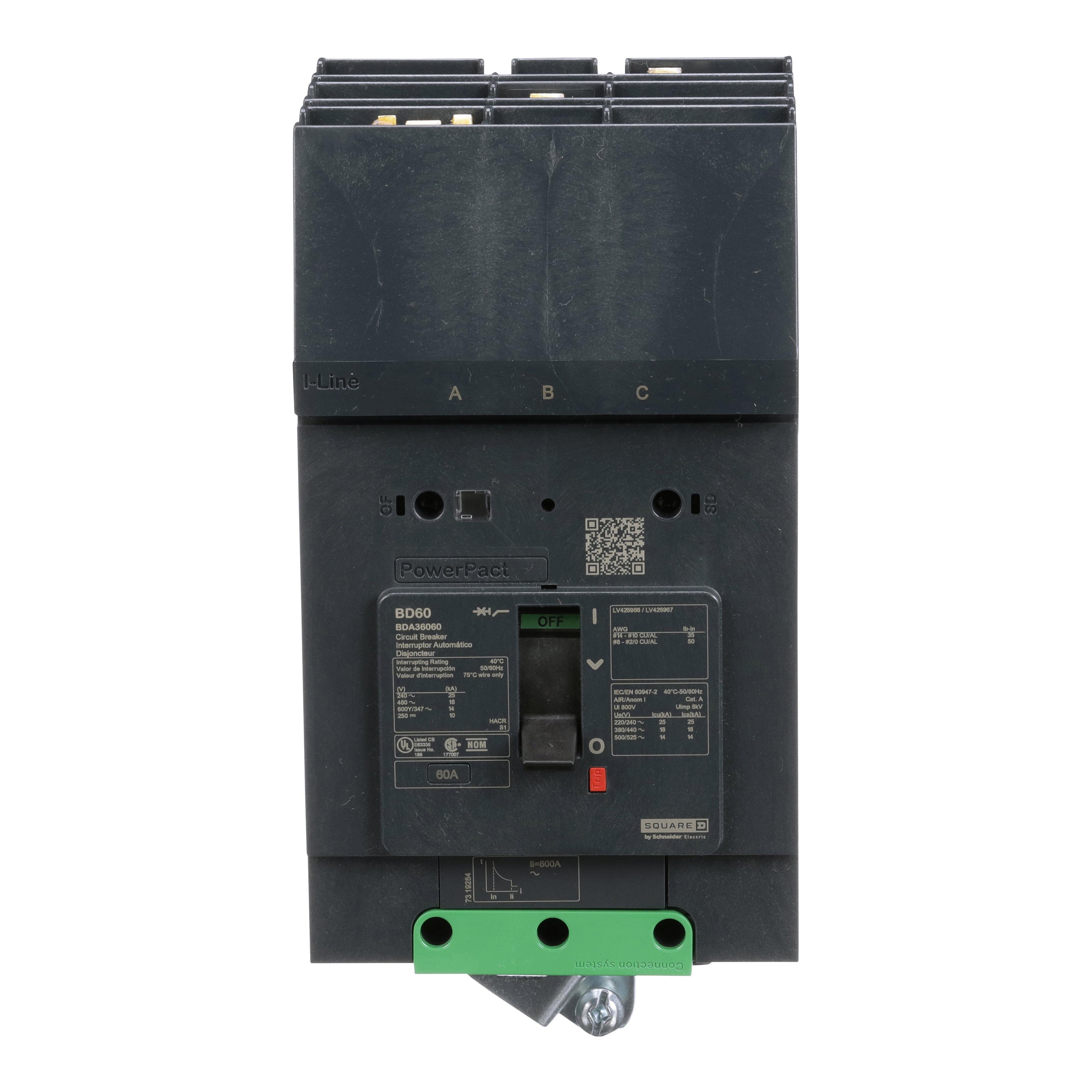 BDA36060 - Circuit breaker, PowerPacT B, 60A, 3 pole, 600Y/347VAC, 14kA, I-Line, thermal magnetic, 80%, ABC