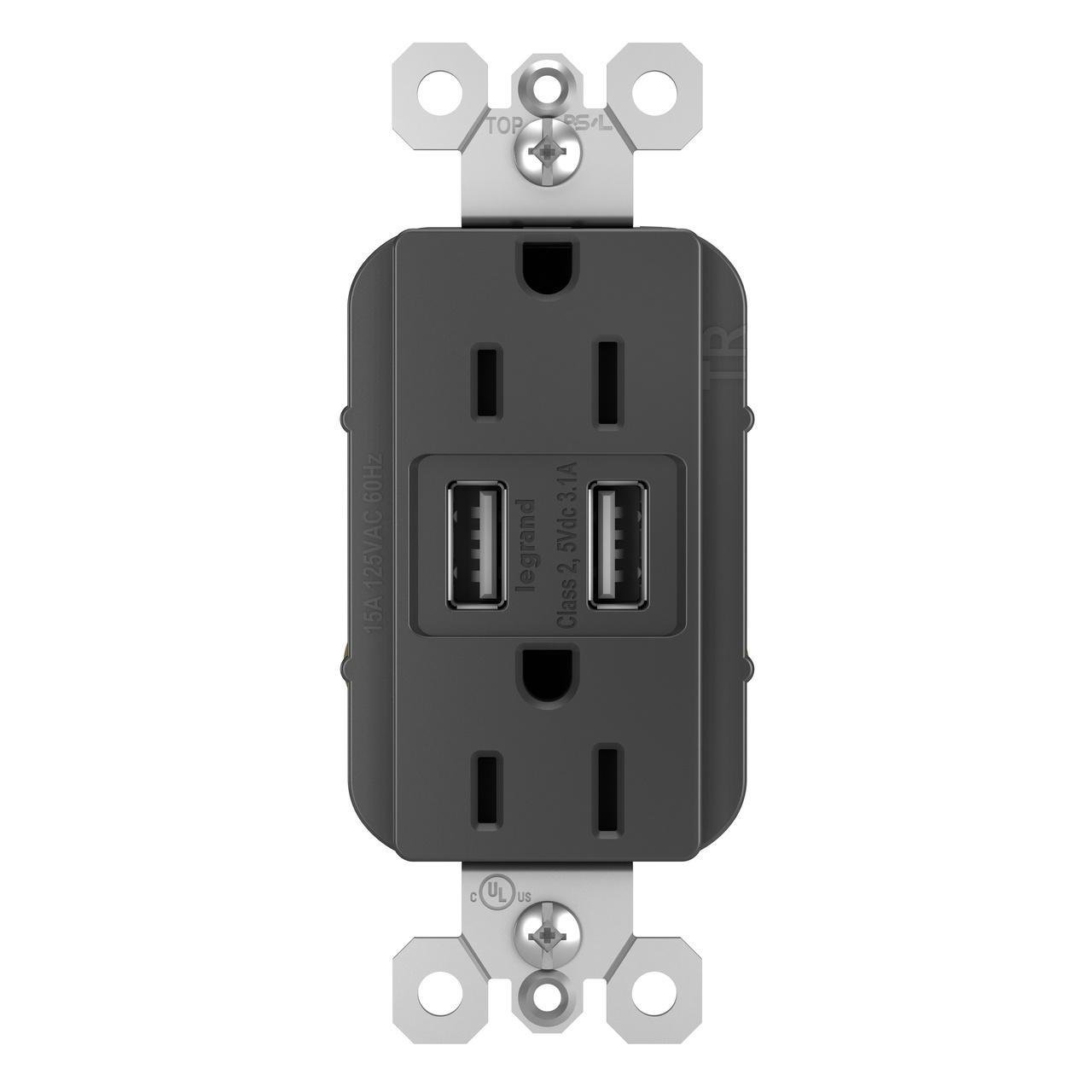 TM826USBBK - radiant® 15A Tamper-Resistant USB Outlet, Black