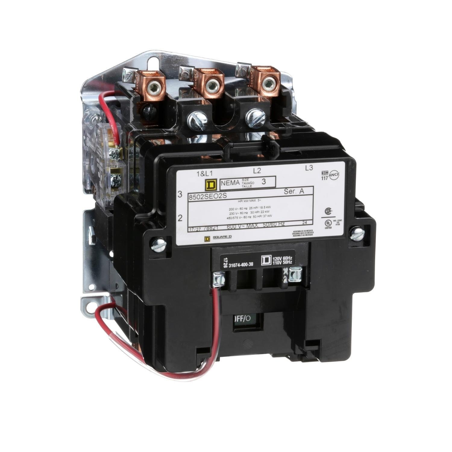 8502SEO2V02S - NEMA Contactor, Type S, nonreversing, Size 3, 90A, 50 HP at 575 VAC, 3 phase, up to 100 kA, 3 pole, 120 VAC coil, open [TAA]