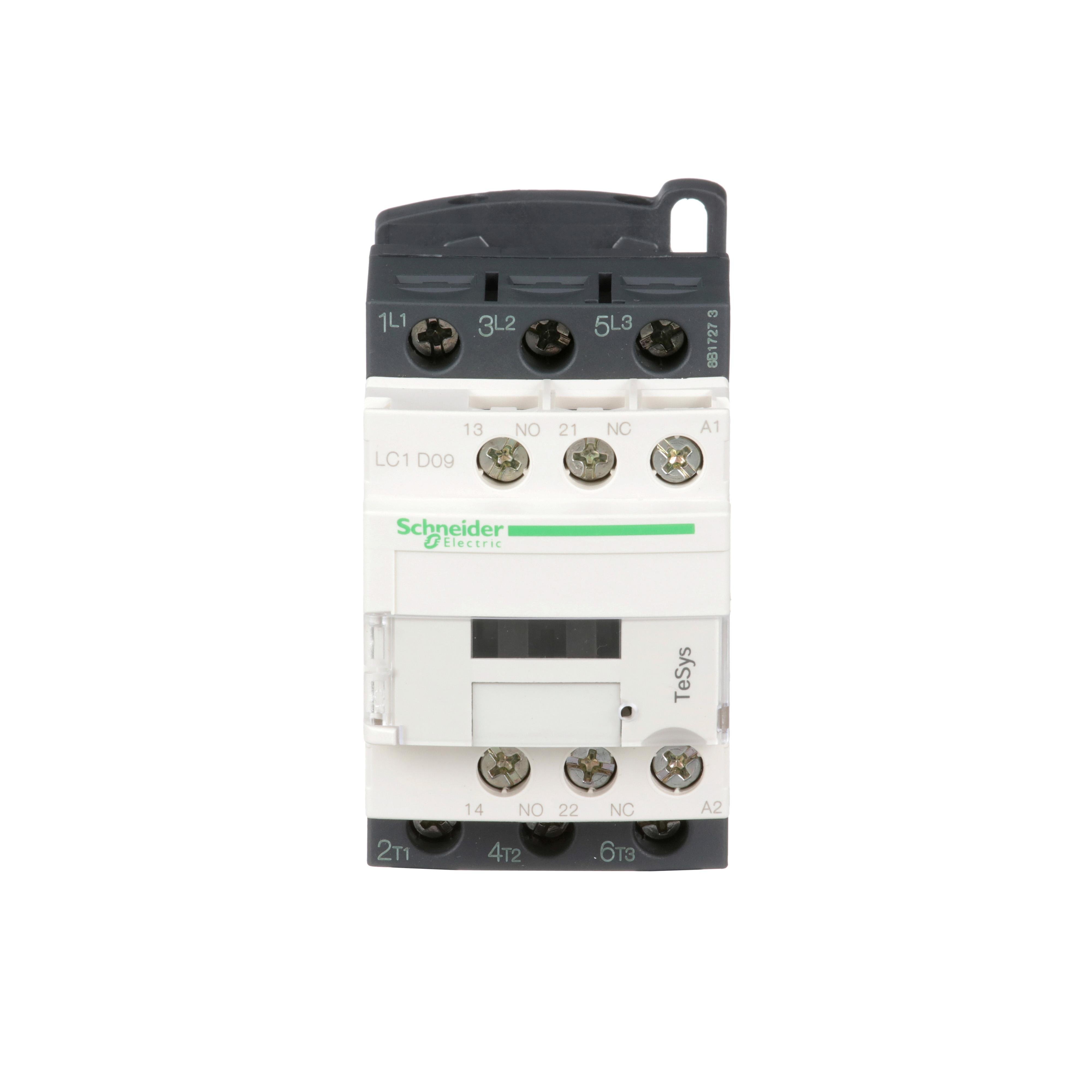 LC1D09F7 - IEC contactor, TeSys Deca, nonreversing, 9A, 5HP at 480VAC, up to 100kA SCCR, 3 phase, 3 NO, 110VAC 50/60Hz coil, open style