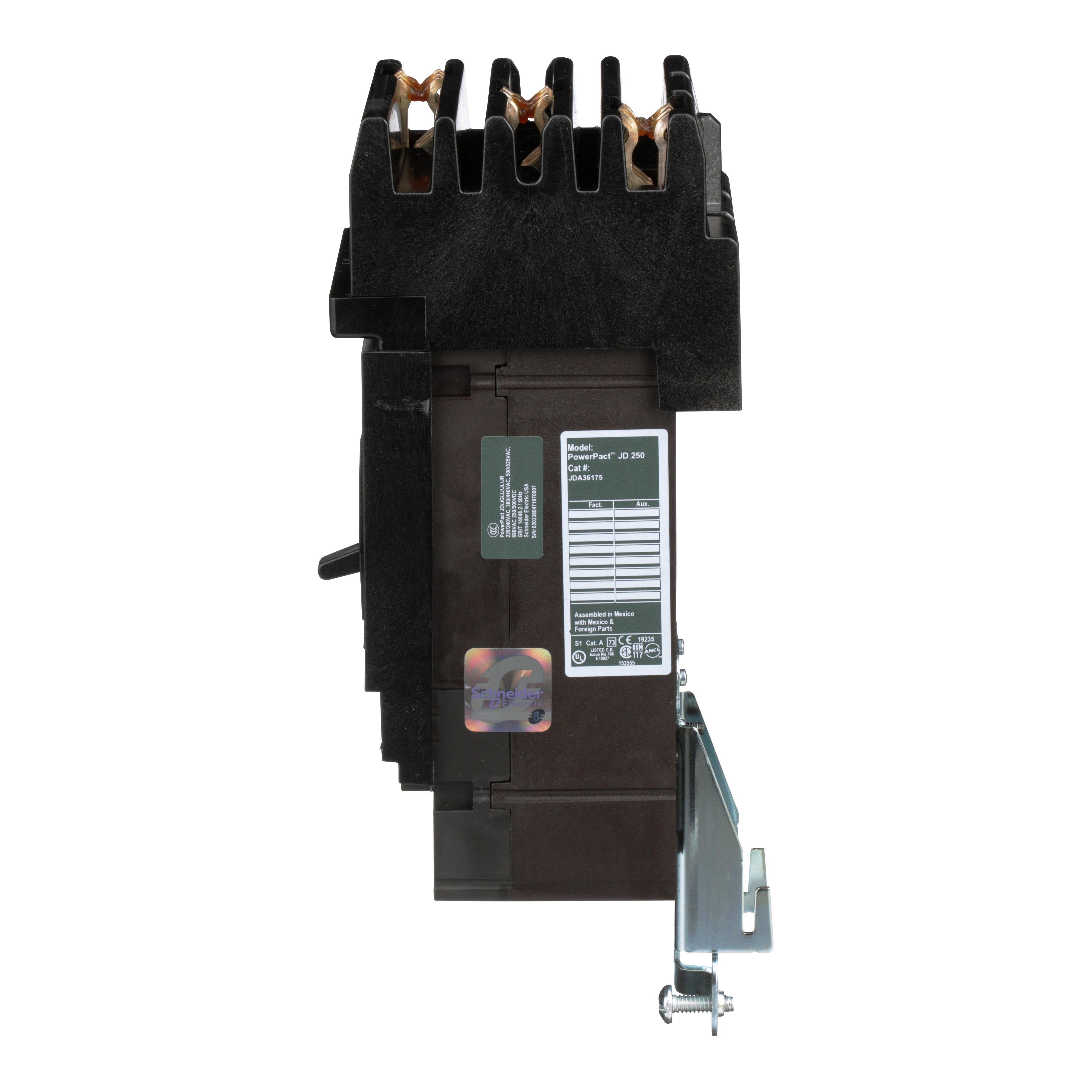 Picture of JDA36175 - Circuit breaker, PowerPacT J, 175A, 3 pole, 600VAC, 14kA, I-Line, thermal magnetic, 80%, ABC