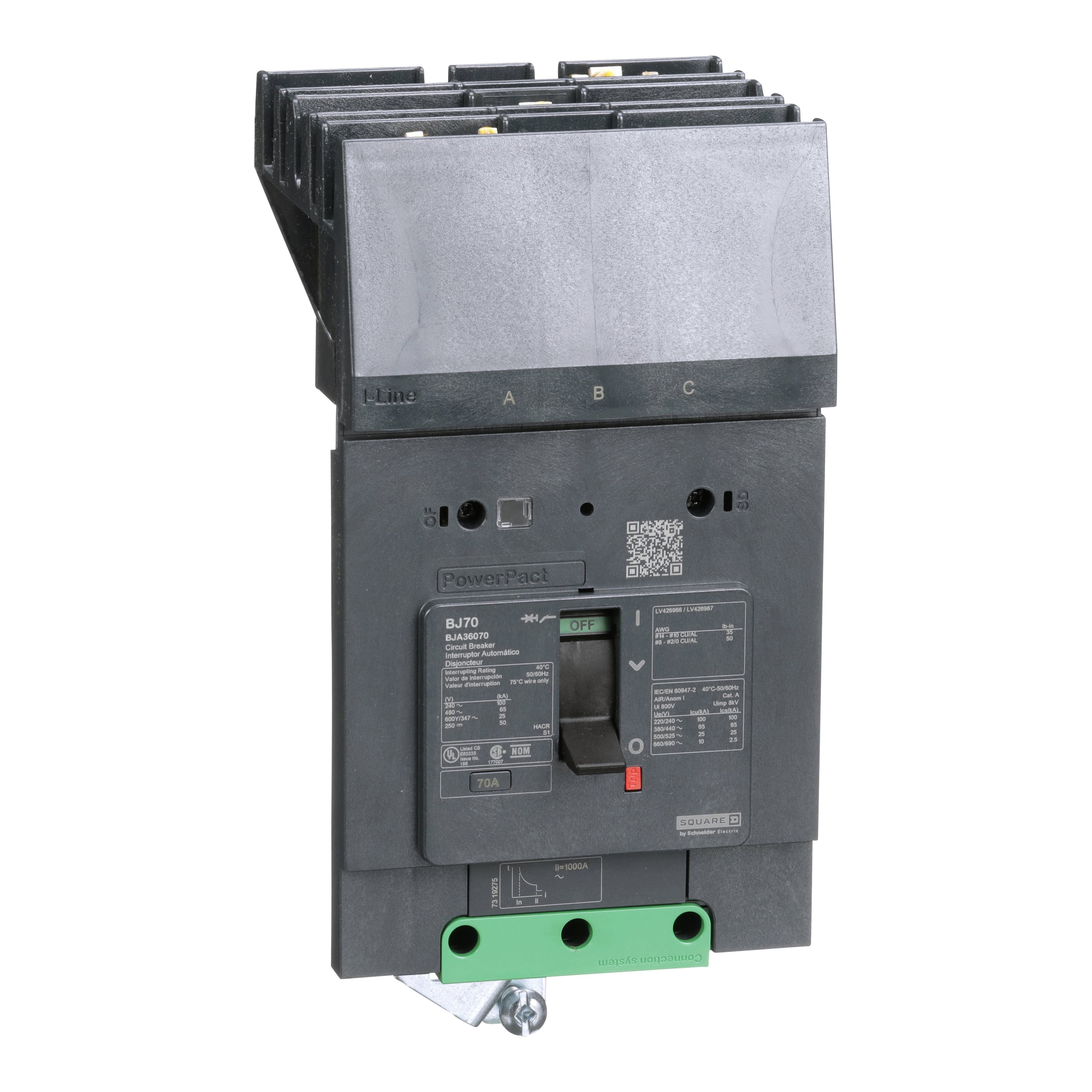 BJA36070 - Circuit breaker, PowerPacT B, 70A, 3 pole, 600Y/347VAC, 25kA, I-Line, thermal magnetic, 80%, ABC