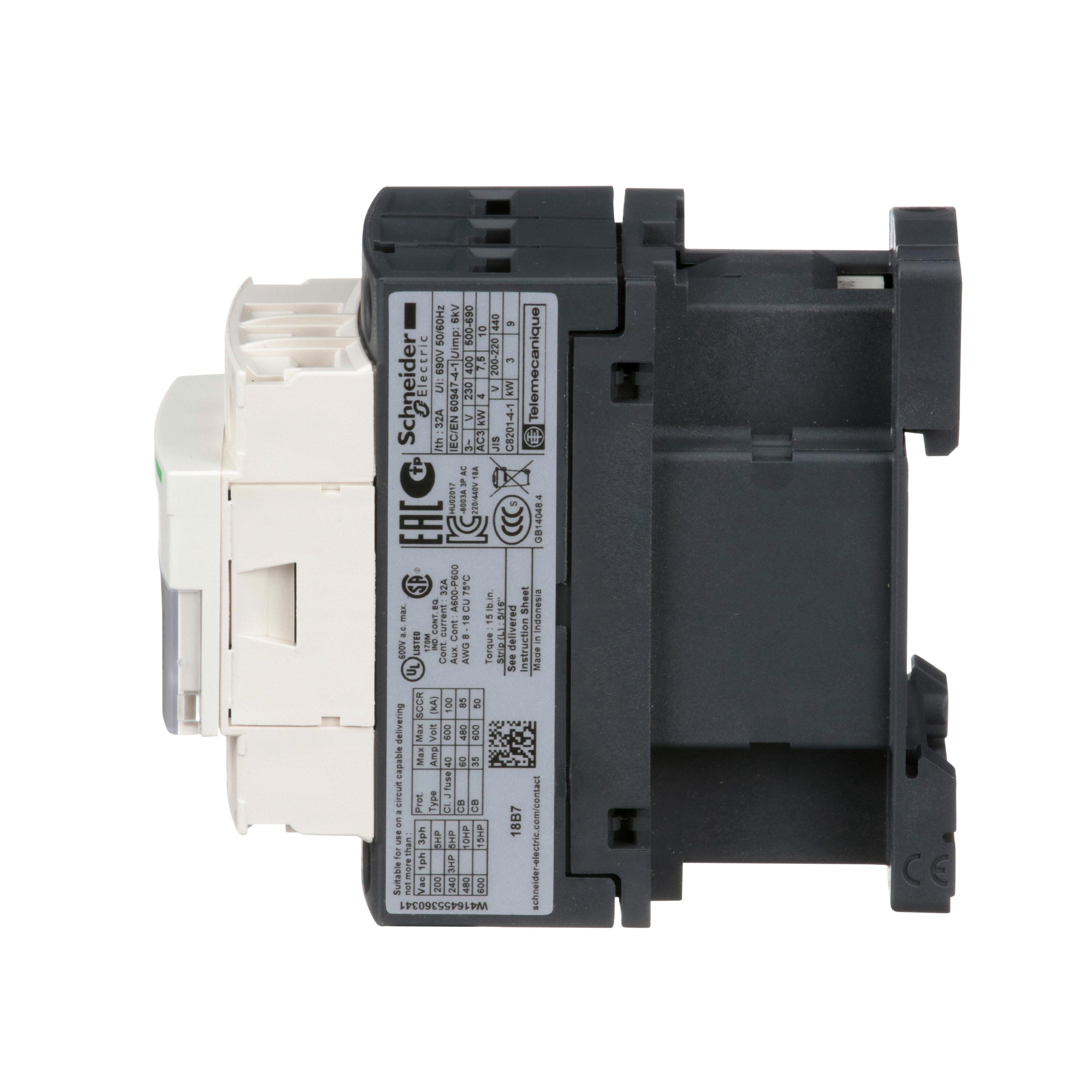 Picture of LC1D18B7 - IEC contactor, TeSys Deca, nonreversing, 18A, 10HP at 480VAC, up to 100kA SCCR, 3 phase, 3 NO, 24VAC 50/60Hz coil, open