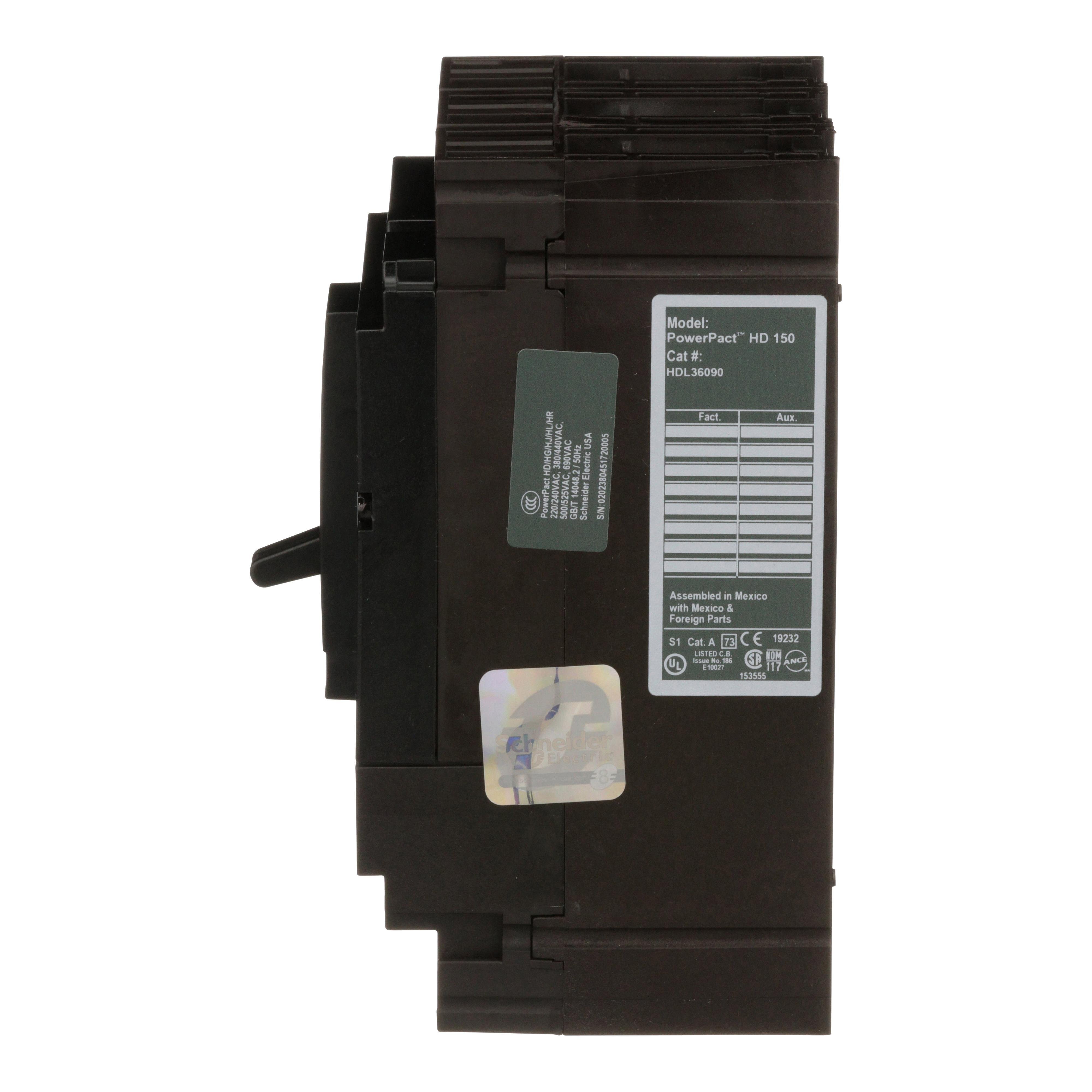 Picture of HDL36090 - Circuit breaker, PowerPacT H, 90A, 3 pole, 600VAC, 14kA, lugs, thermal magnetic, 80%