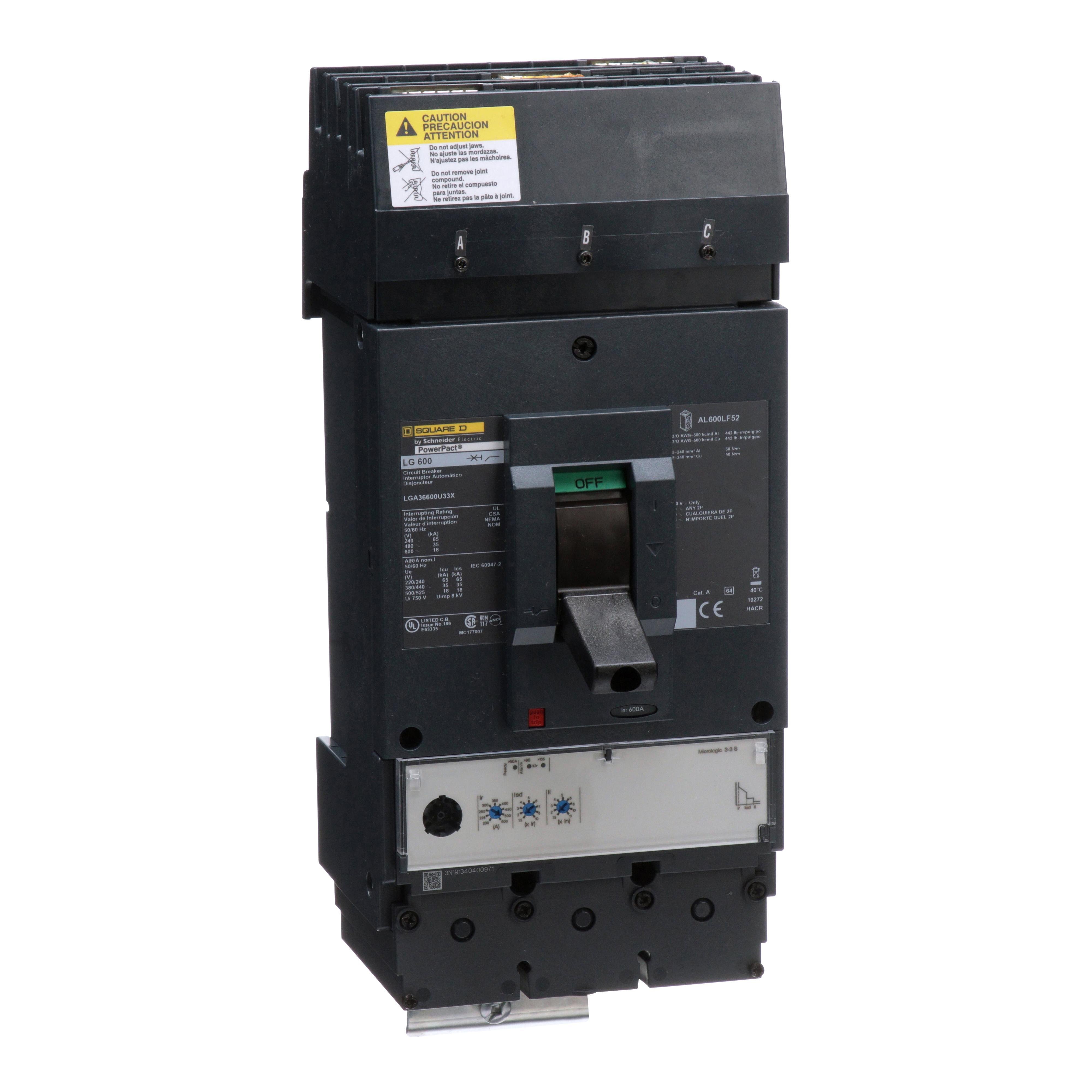 LGA36600U33X - Circuit breaker, PowerPacT L, 600A, 3 pole, 600VAC, 18kA, I-Line, MicroLogic 3.3S, 80%, ABC