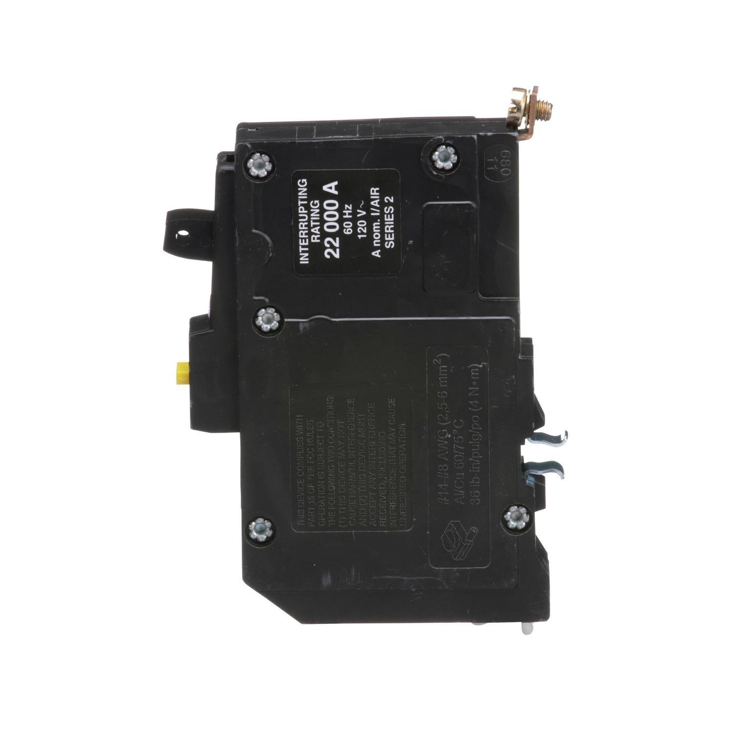 Picture of QOB120VHGFI - Mini circuit breaker, QO, 20A, 1 pole, 120VAC, 22kA, bolt on, 6mA grd fault A, pigtail