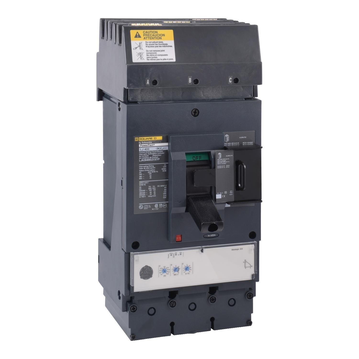 LJA36400U31XYP - Circuit breaker, PowerPacT L, 400A, 3 pole, 600VAC, 25kA, I-Line, MicroLogic 3.3, 80%, ABC, padlock handle