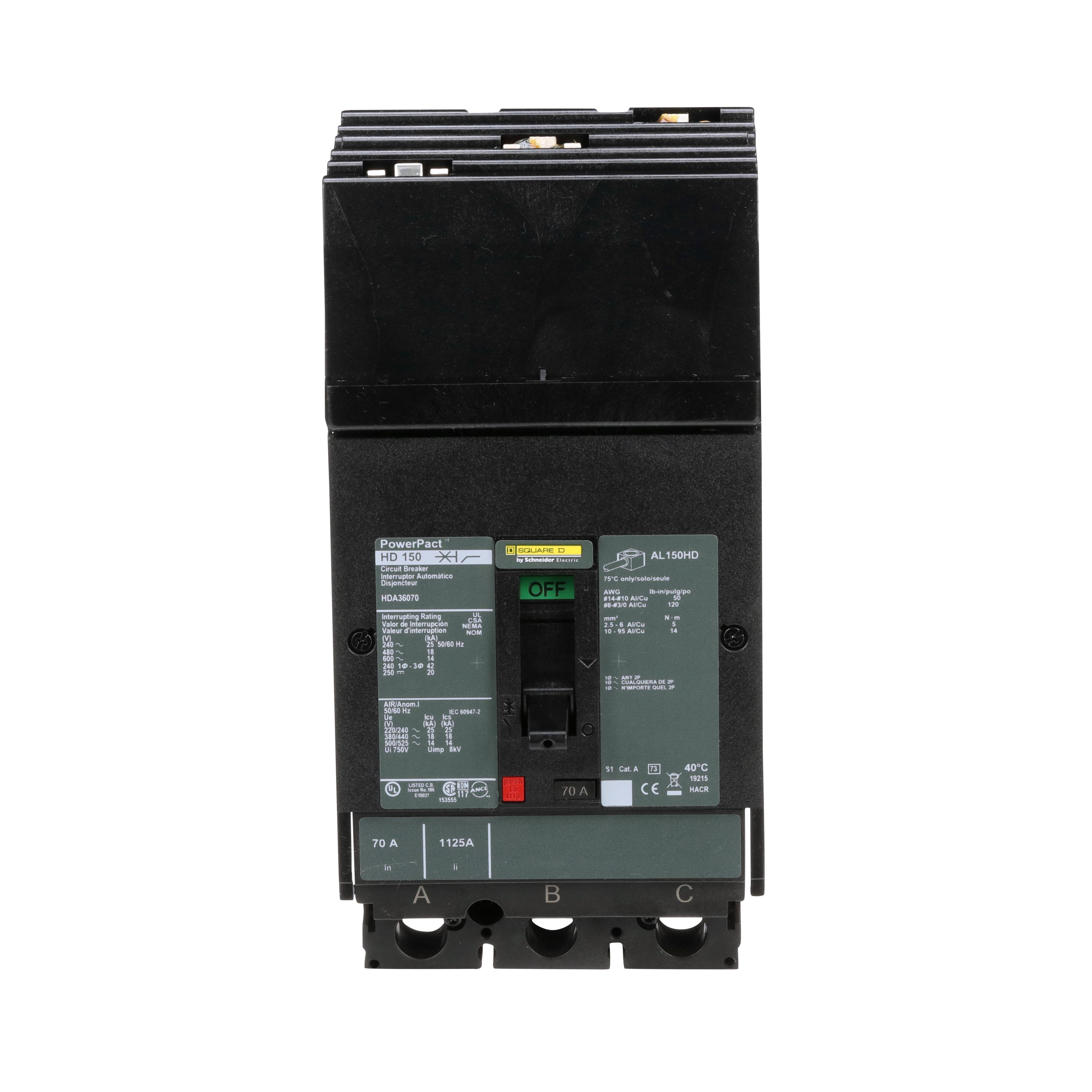 Picture of HDA36070 - Circuit breaker, PowerPacT H, 70A, 3 pole, 600VAC, 14kA, I-Line, thermal magnetic, 80%, ABC