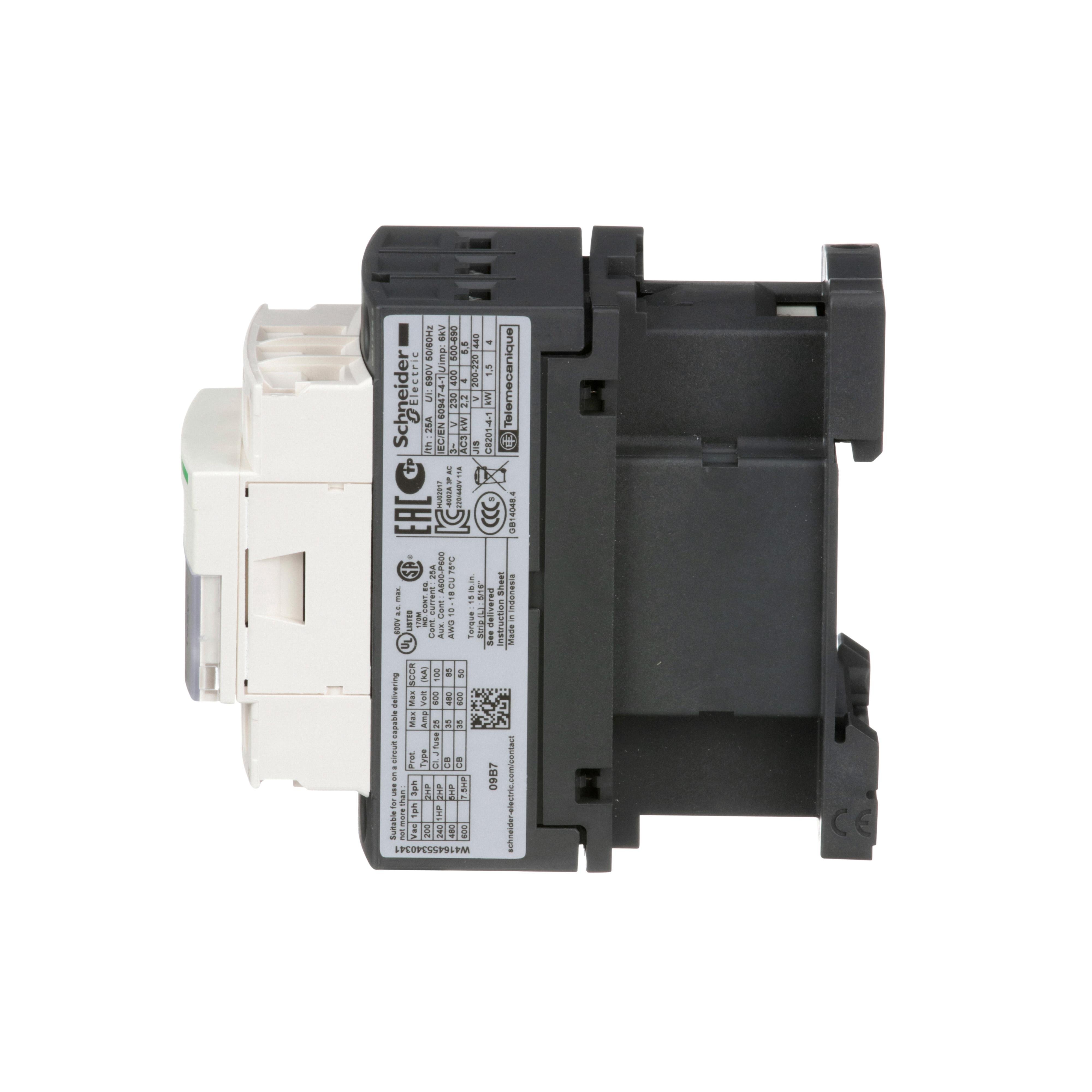 Picture of LC1D09B7 - IEC contactor, TeSys Deca, nonreversing, 9A, 5HP at 480VAC, up to 100kA SCCR, 3 phase, 3 NO, 24VAC 50/60Hz coil, open style