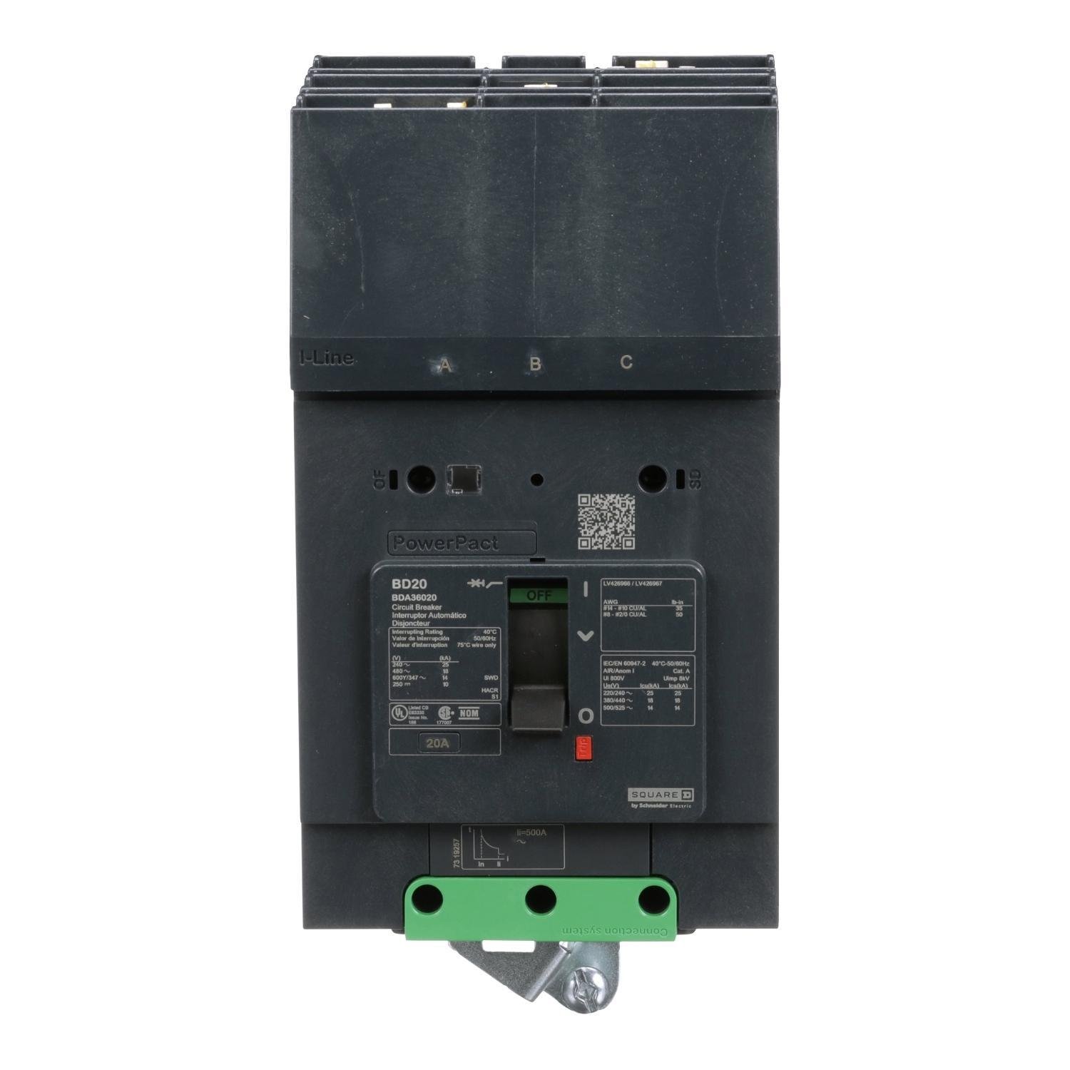 BDA36020 - Circuit breaker, PowerPacT B, 20A, 3 pole, 600Y/347VAC, 14kA, I-Line, thermal magnetic, 80%, ABC