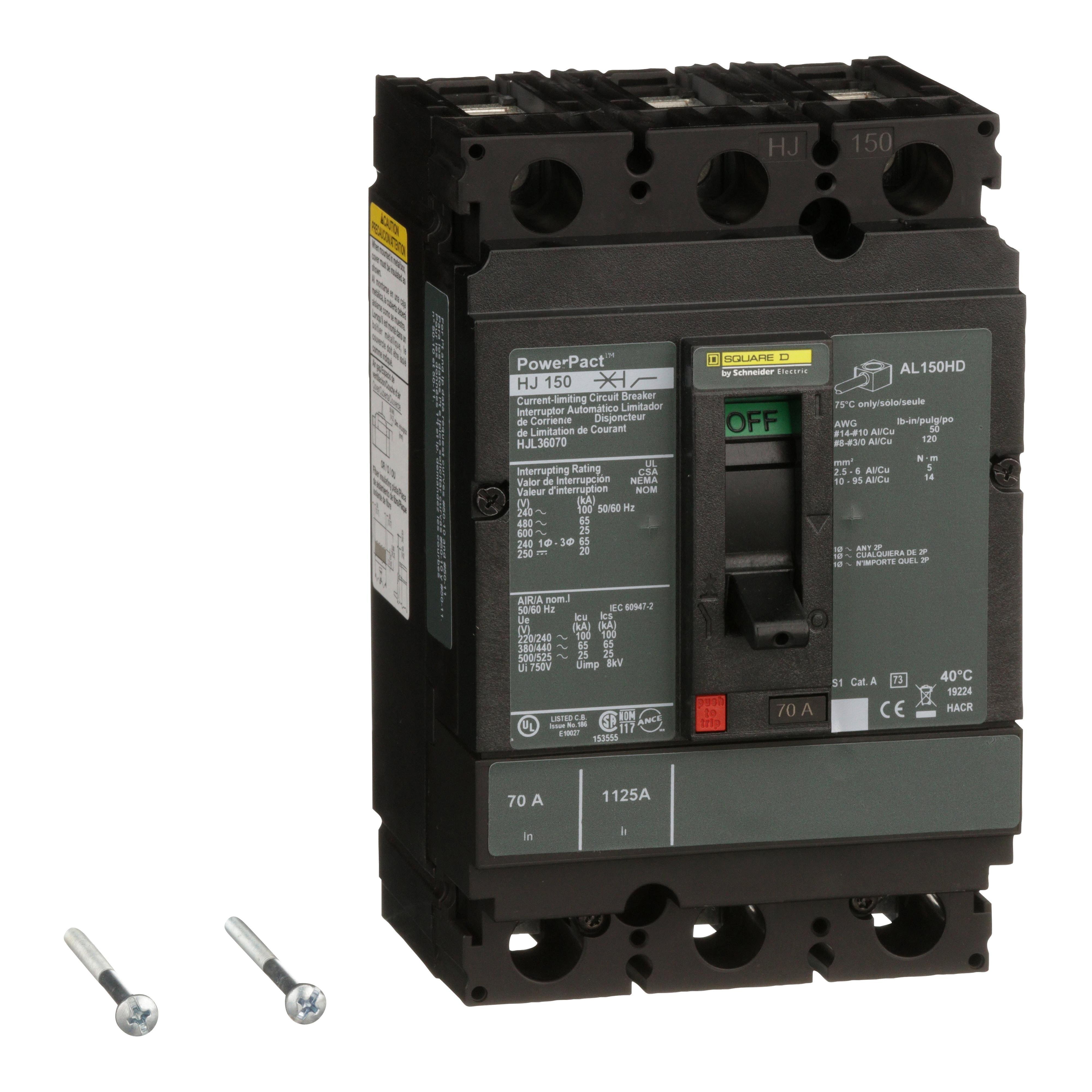 HJL36070 - Circuit breaker, PowerPacT H, 70A, 3 pole, 600VAC, 25kA, lugs, thermal magnetic, 80%