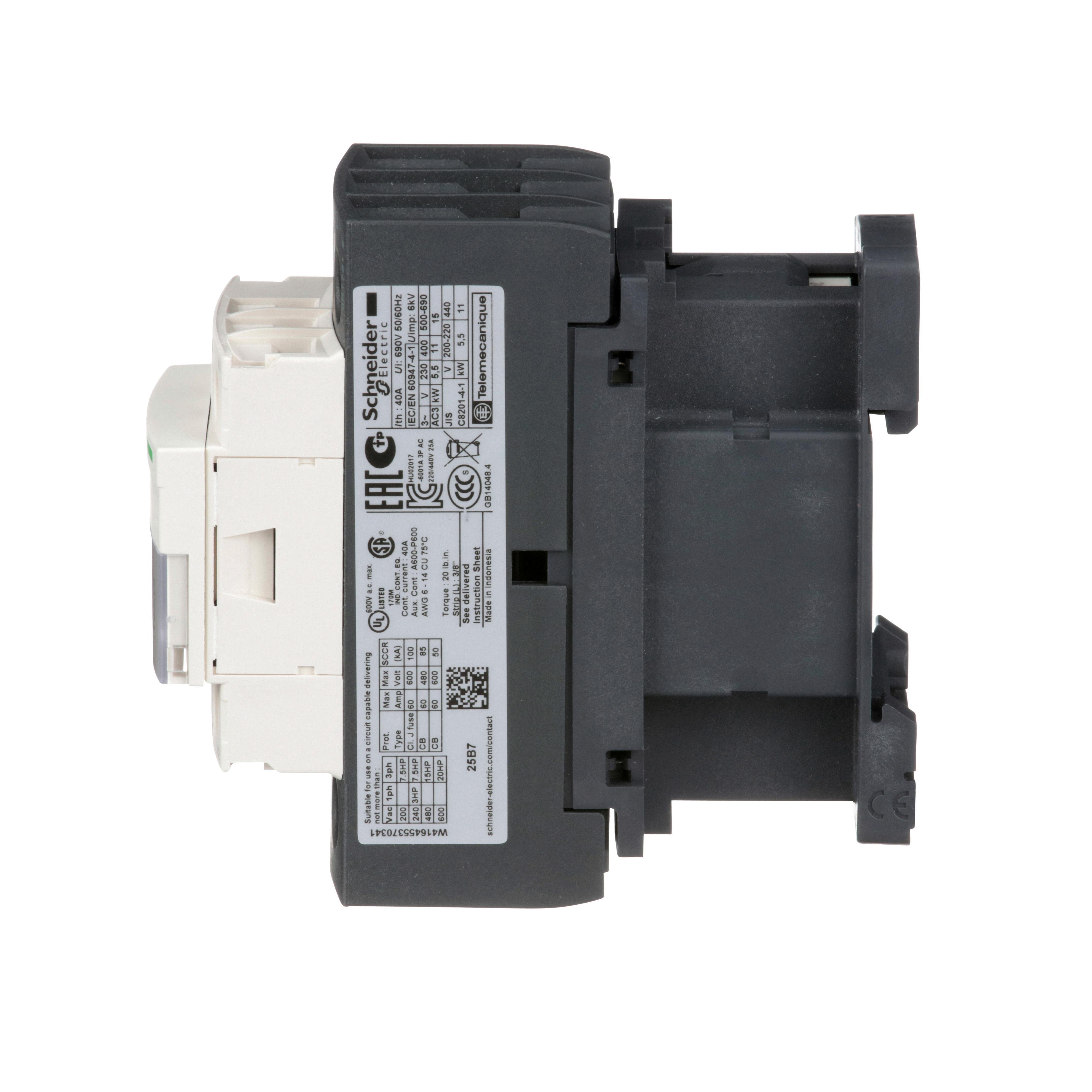 Picture of LC1D25B7 - IEC contactor, TeSys Deca, nonreversing, 25A, 15HP at 480VAC, up to 100kA SCCR, 3 phase, 3 NO, 24VAC 50/60Hz coil, open