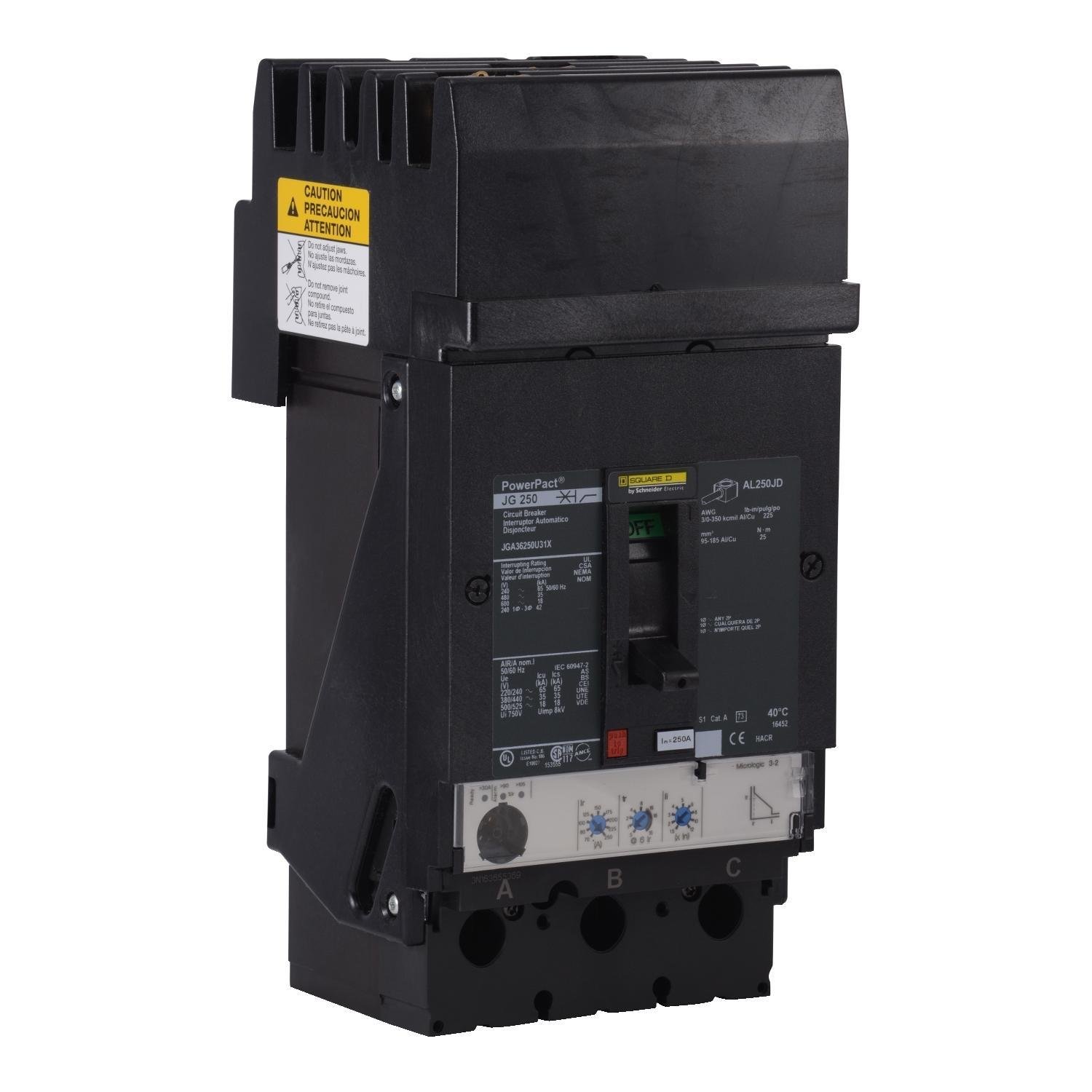 JGA36250U31X - Circuit breaker, PowerPacT J, 250A, 3 pole, 600VAC, 18kA, I-Line, Micrologic 3.2, 80%, ABC