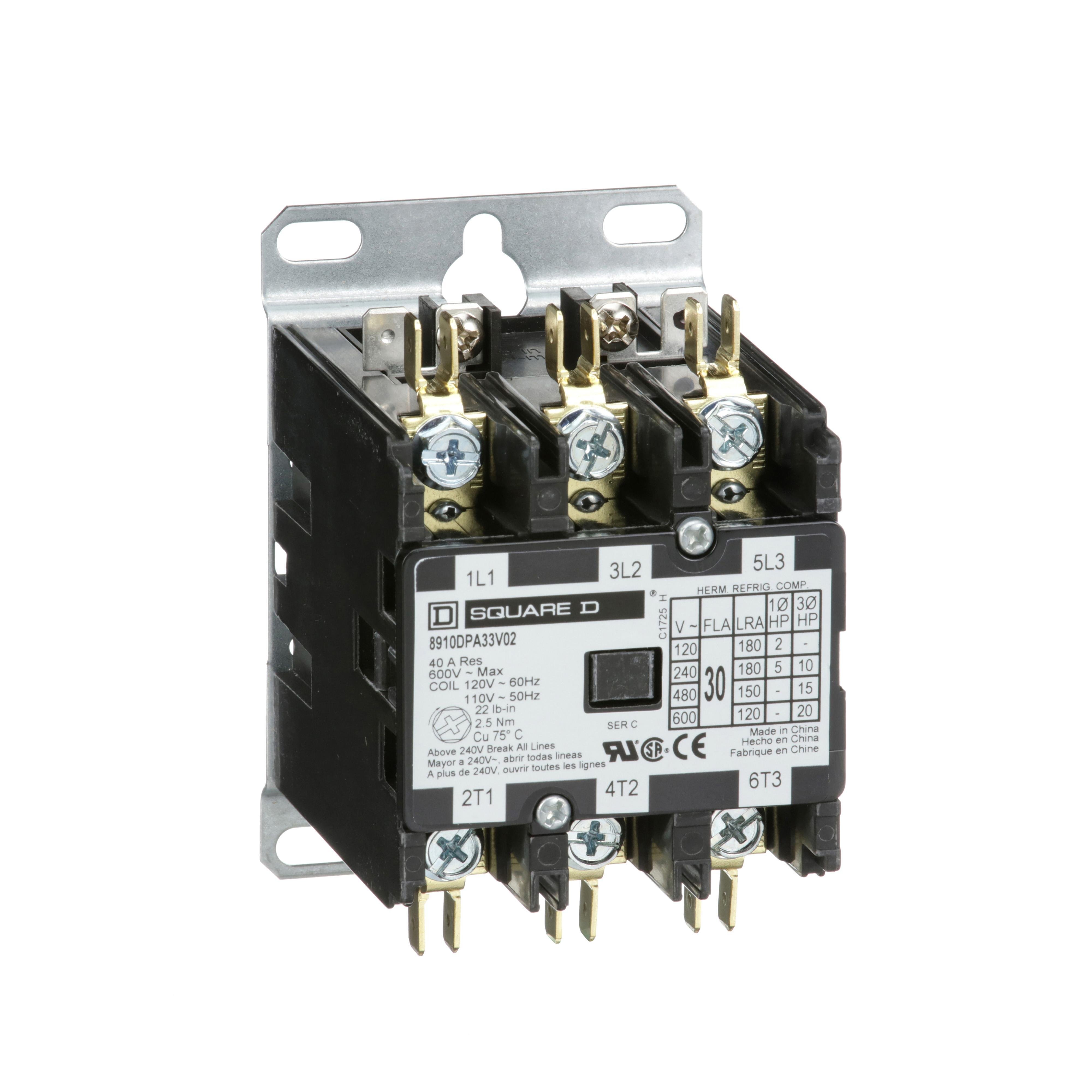 Picture of 8910DPA33V02 - Contactor, Definite Purpose, 30A, 3 pole, 20HP at 575VAC, 3 phase, 110/120VAC 50/60Hz coil, open