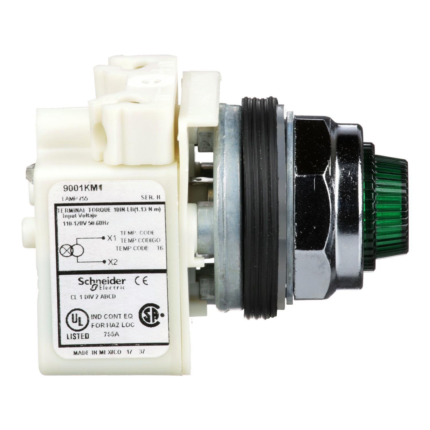 Picture of 9001KP1G31 - Pilot light, Harmony 9001K, metal, polycarbonate, fresnel lens, green, 30mm, 120VAC