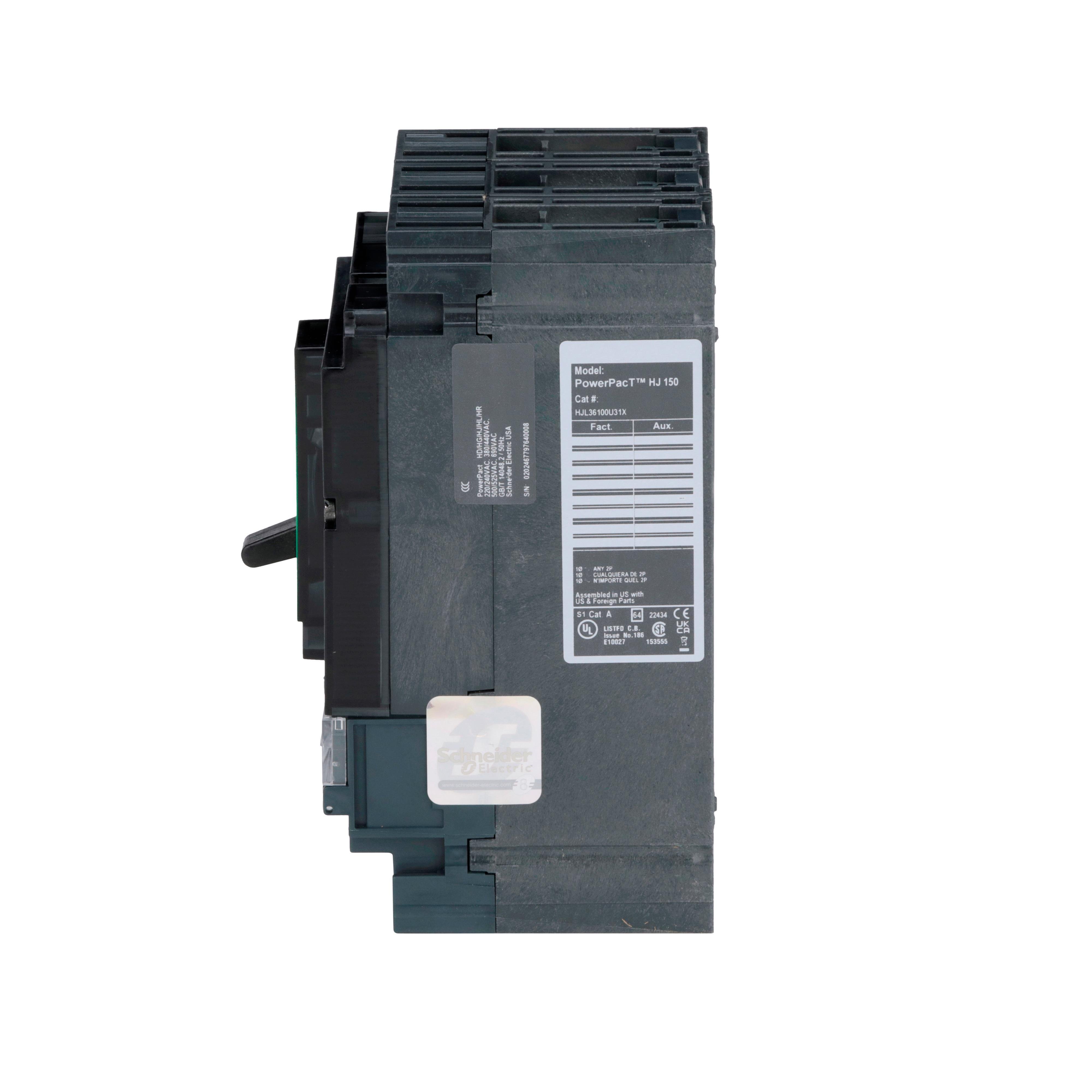 Picture of HJL36100U31X - Circuit breaker, PowerPacT H, 100A, 3 pole, 600VAC, 25kA, lugs, Micrologic 3.2, 80%