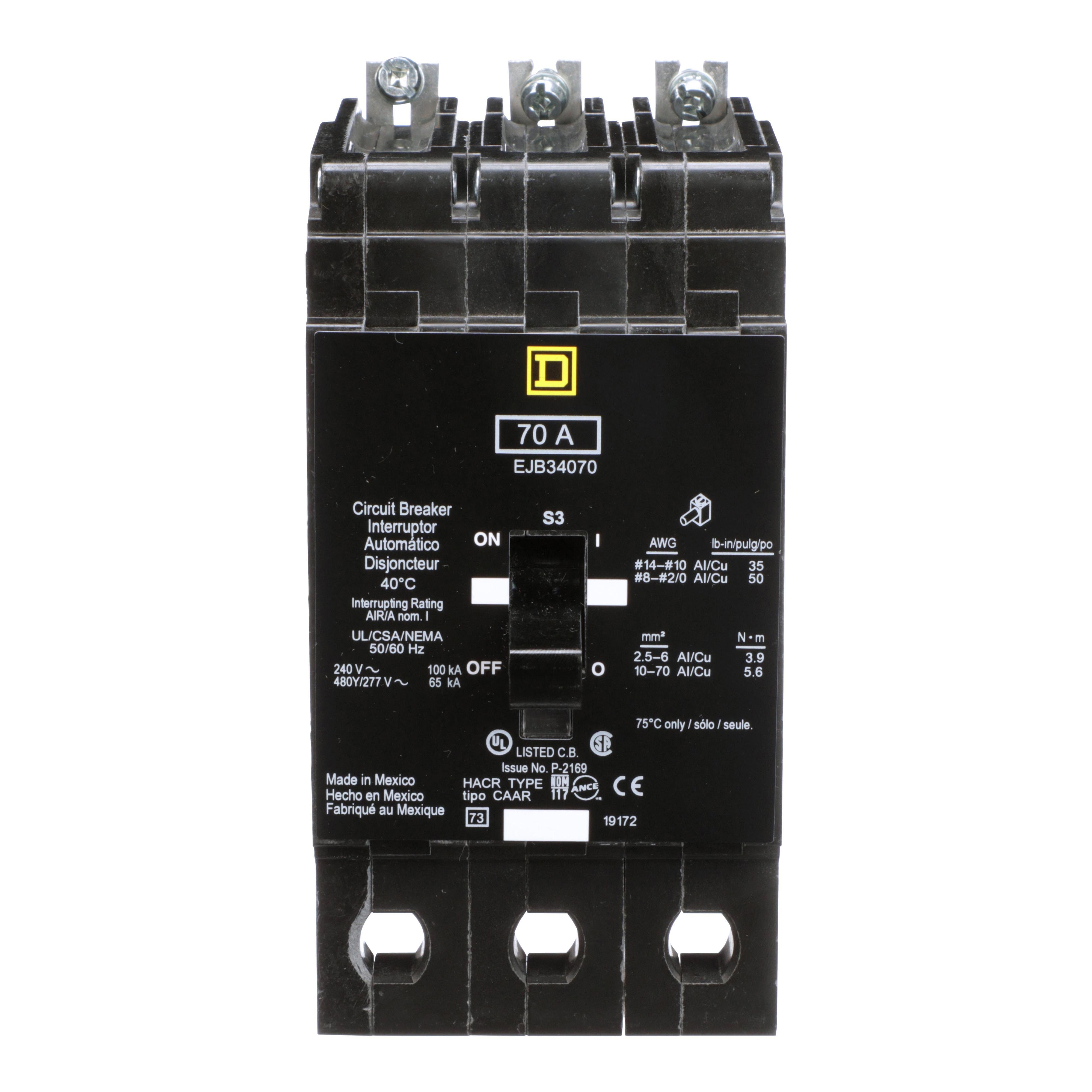 EJB34070 - Mini circuit breaker, E-Frame, 70A, 3 pole, 480Y/277VAC, 100kA max, bolt on [TAA]