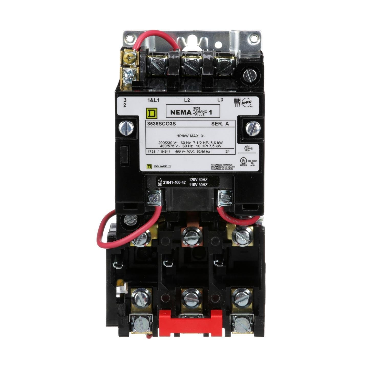 Picture of 8536SCO3V02S - NEMA motor starter, Type S, nonreversing, Size 1, 27A, 10HP at 460VAC, 5kA SCCR, 3 phase, 3 pole, melting alloy, 120VAC coil, open