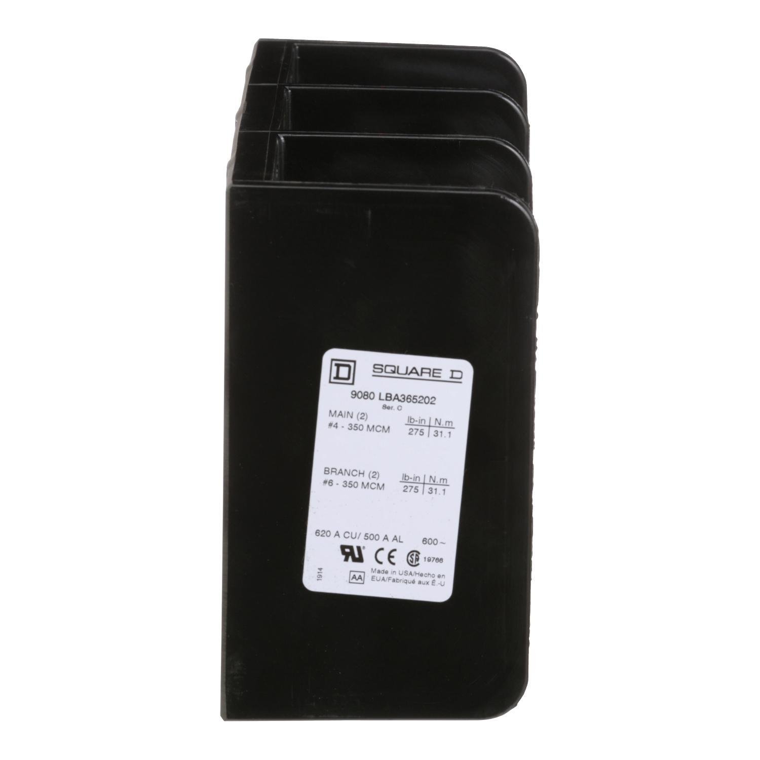 Picture of 9080LBA365202 - Power distribution block, Linergy, 3 pole, 2 line, 2 load, 620A Cu, 500A Al, 600V