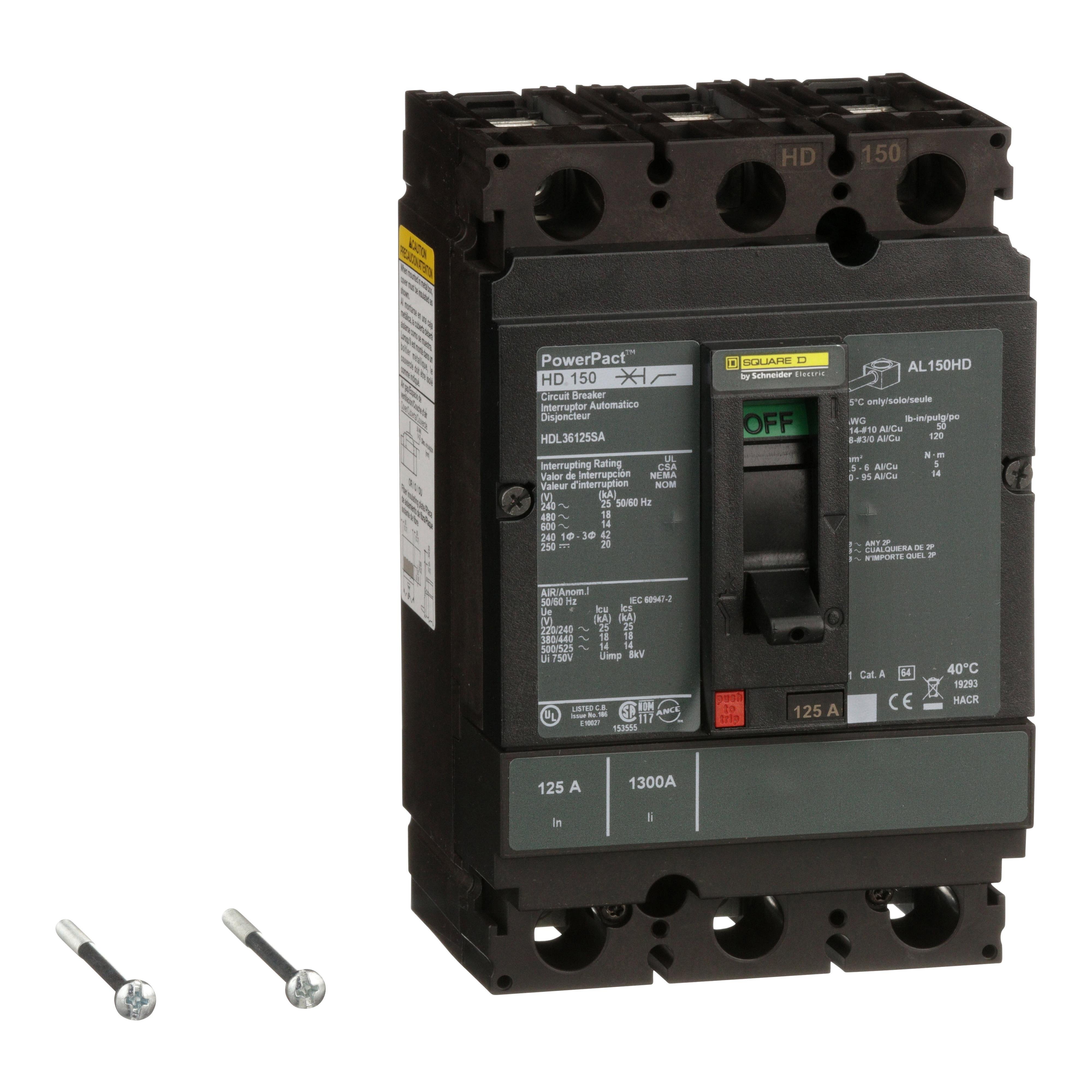HDL36125SA - Circuit breaker, PowerPacT H, 125A, 3 pole, 600VAC, 14kA, lugs, thermal magnetic, 80%, shunt