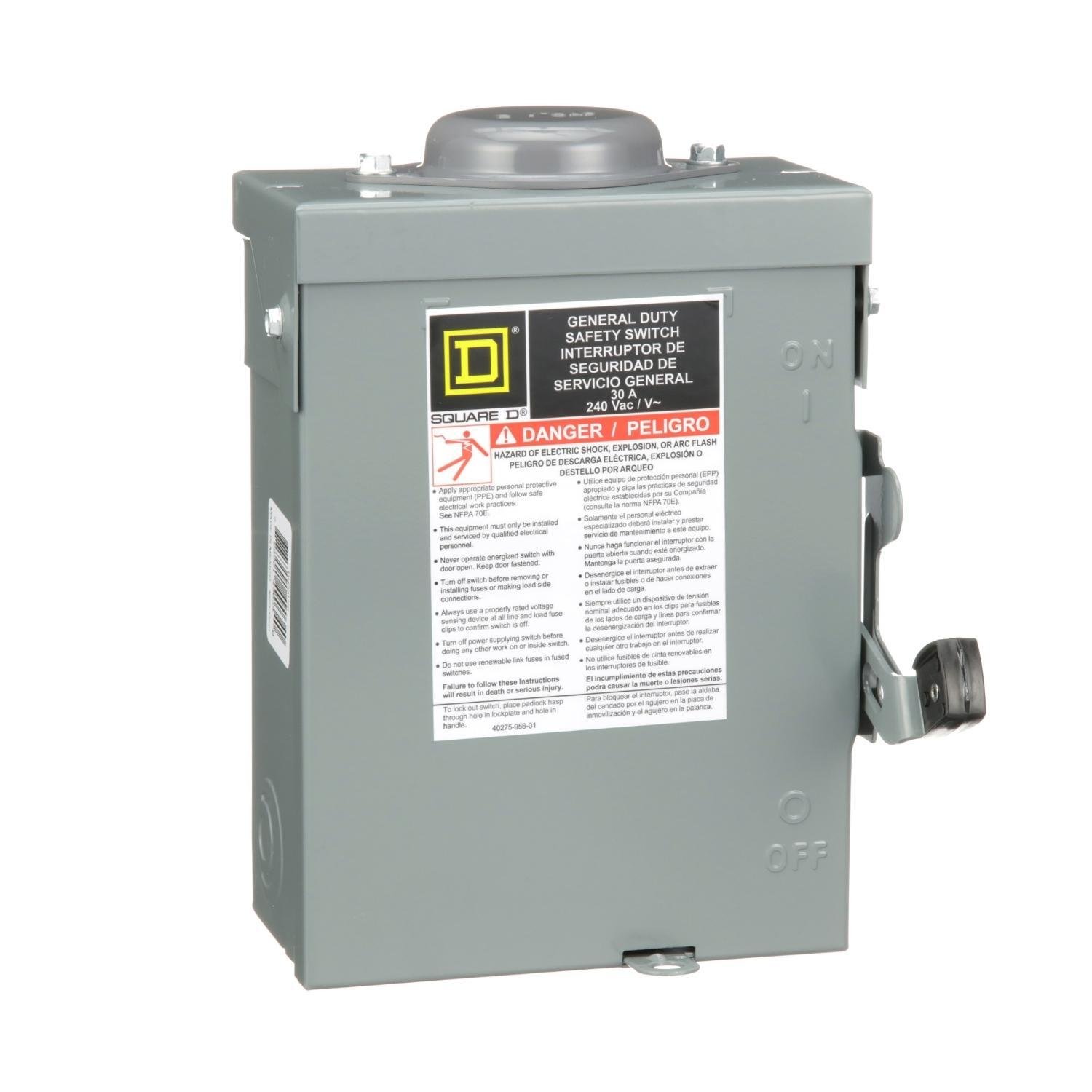 DU221RB - Safety switch, general duty, non fusible, 30A, 2 pole, 3hp, 240VAC, NEMA 3R, bolt on provision