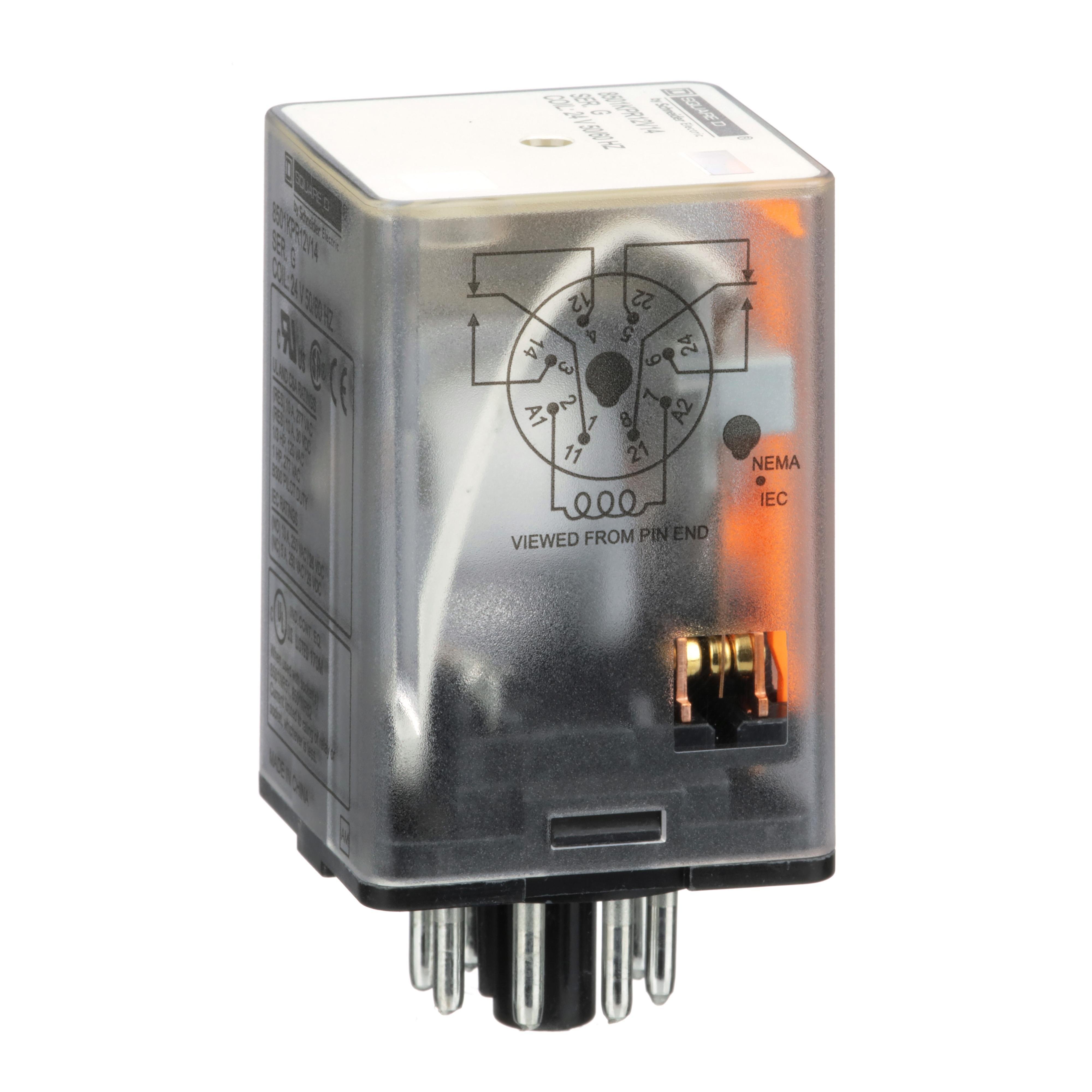 8501KPR12V14 - Plug in relay, Type KP, tubular, 1 HP at 277 VAC, 10A resistive at 120 VAC, 8 pin, DPDT, 2 NO, 2 NC, 12 VAC coil
