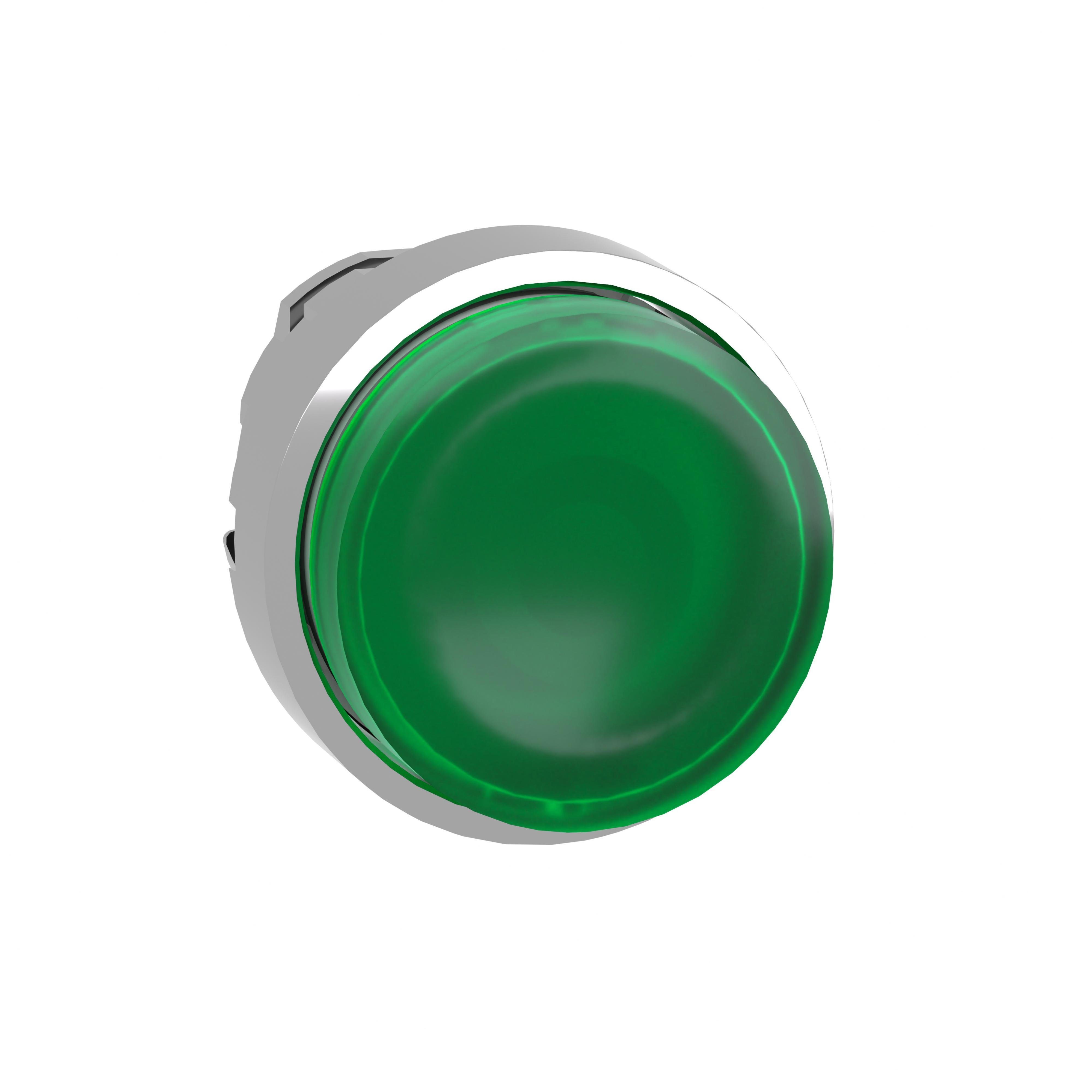 Picture of ZB4BW133 - Head for illuminated push button, Harmony XB4, metal, green projecting, 22mm, universal LED, spring return, plain lens