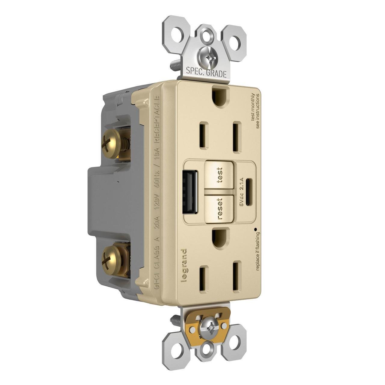 Picture of 1597TRUSBACI - radiant® Tamper-Resistant 15A Duplex Self-Test GFCI Receptacles with SafeLock® Protection, USB Type A/C, Ivory