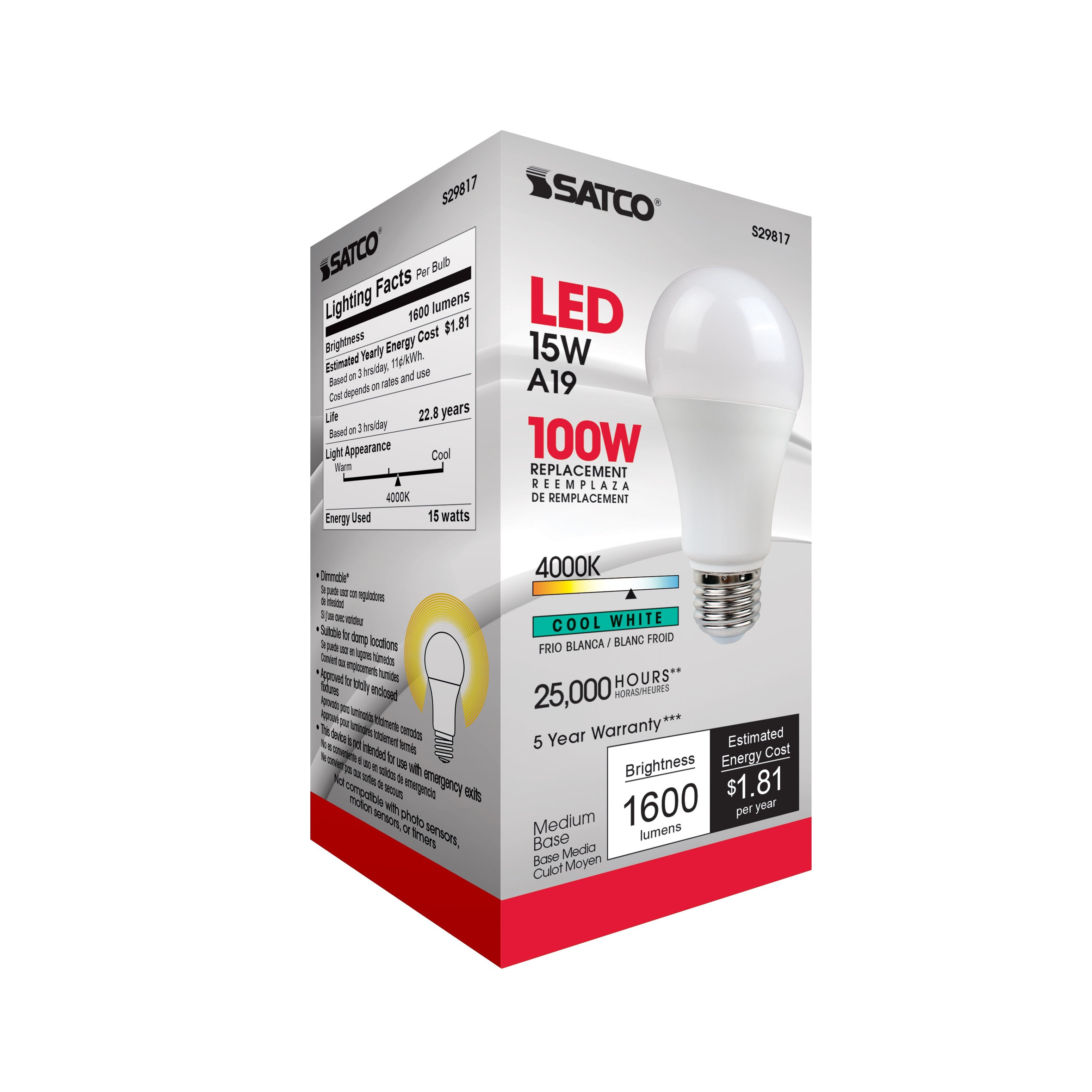 Picture of S29817 - 15 Watt - A19 LED - Frosted - 4000K - Medium base - 220 deg. Beam Angle - 120 Volt